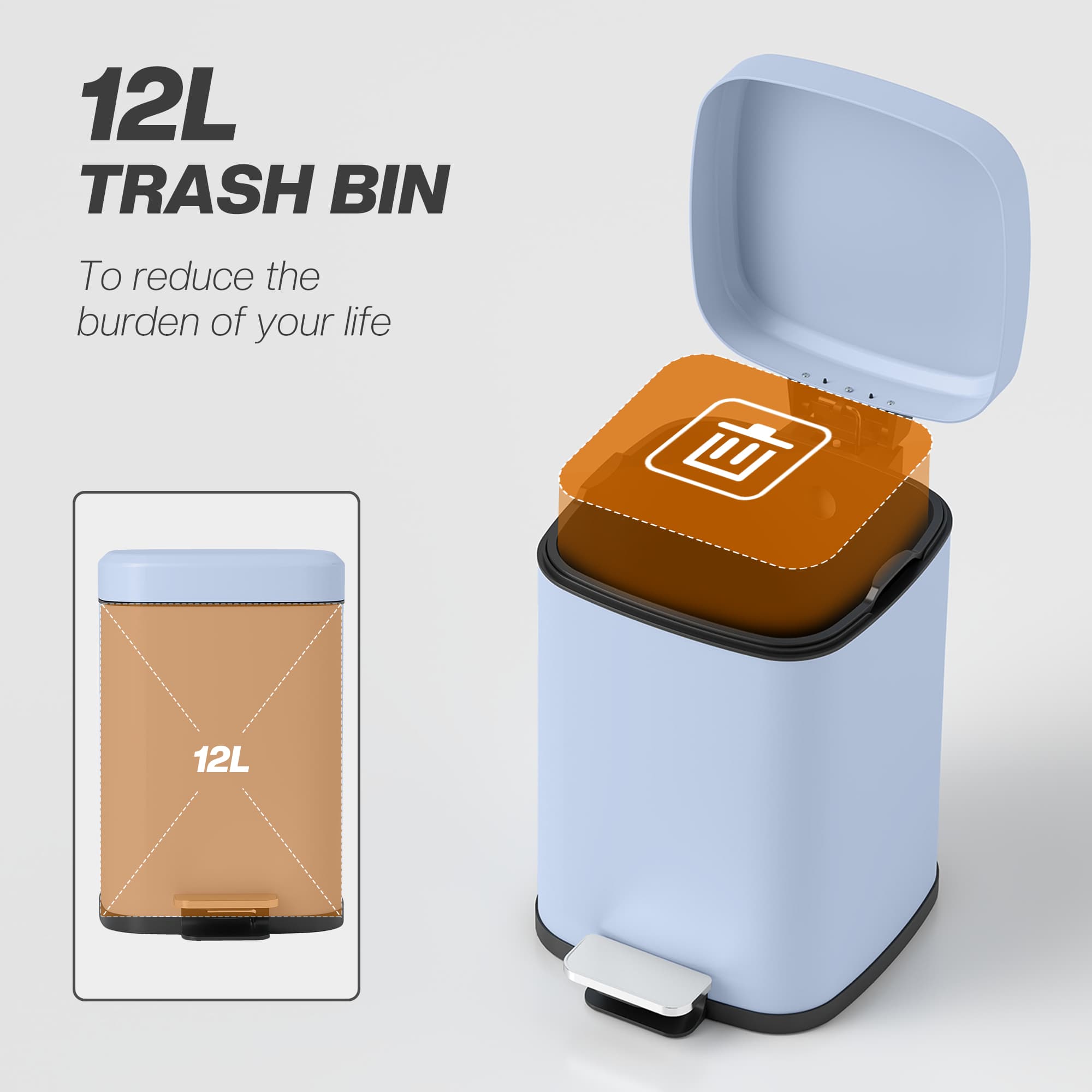 12L Light Blue Boxy Metal Kitchen Pedal Bin - image 10