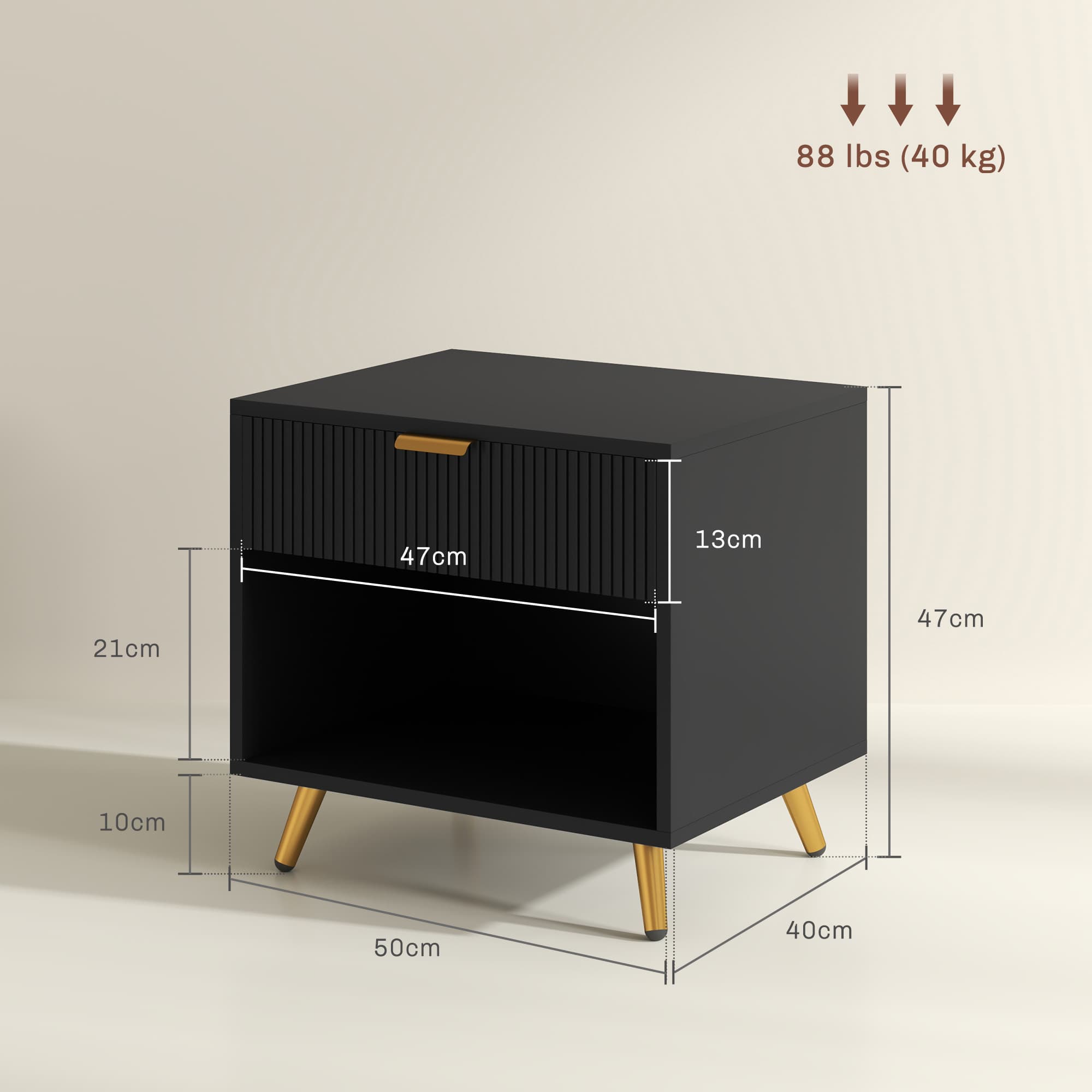 Black Bedside Table with Gold Legs and Fluted Drawer Front - image 8