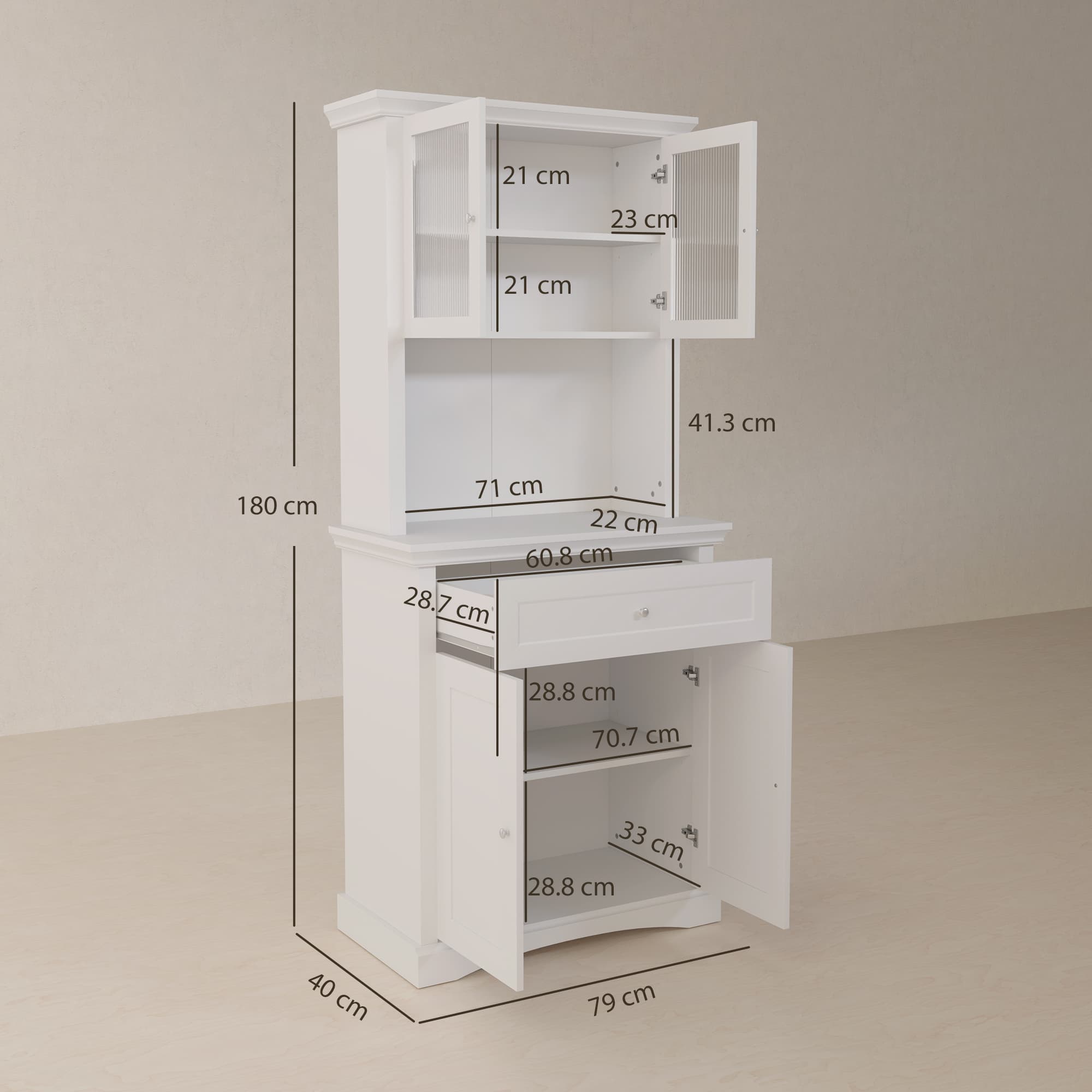 Freestanding White Kitchen Cabinet with Glass Display Doors - image 3