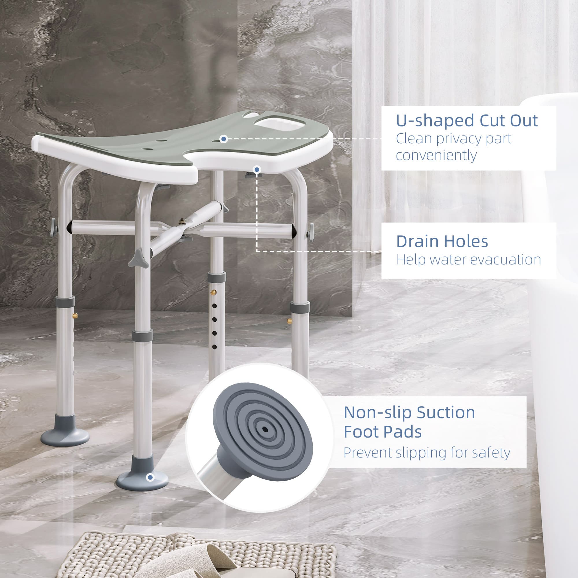 Adjustable Shower Stool With U-Shaped Seat and Grab Bar Included - image 1
