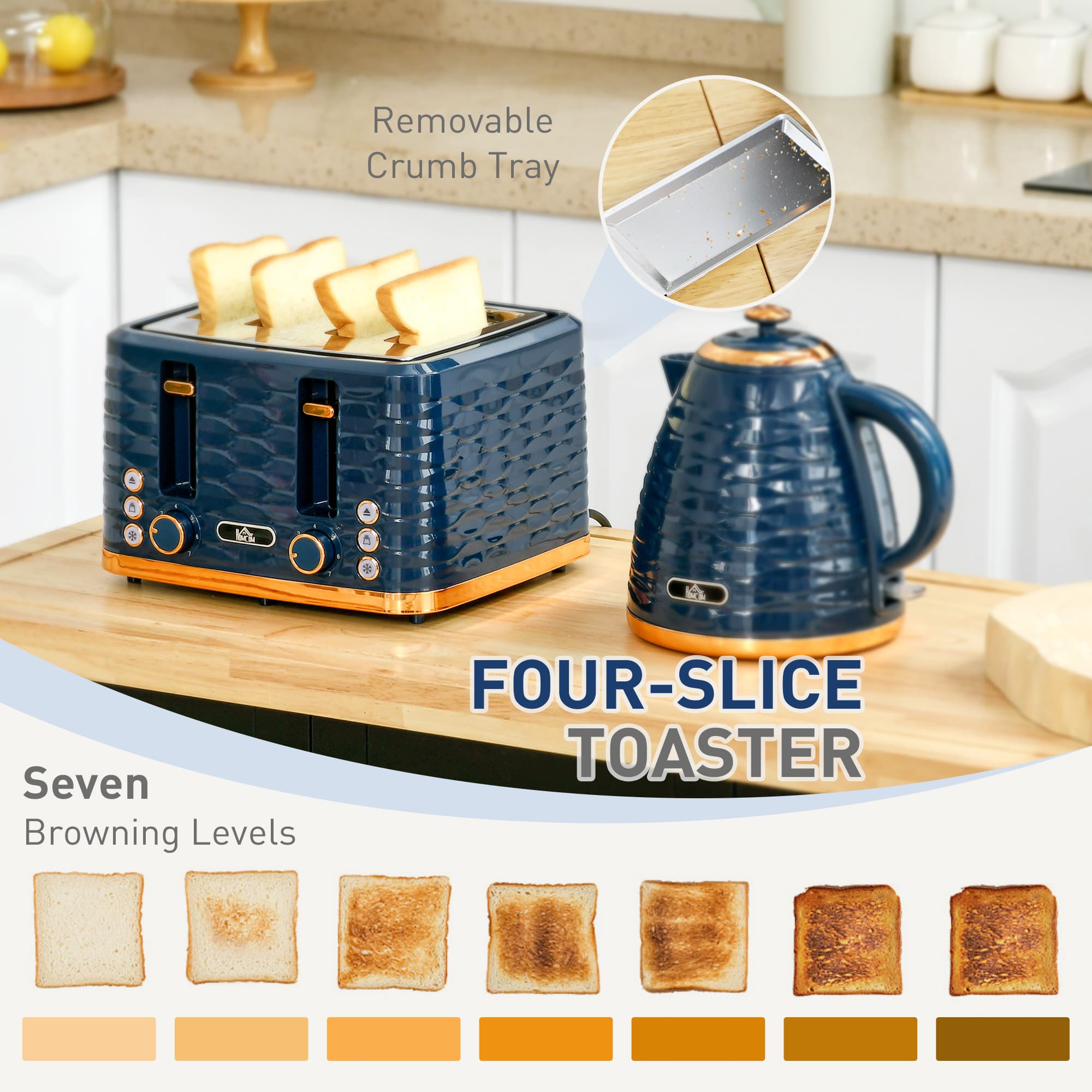 Matching Kettle and Toaster Set in Navy Blue with Gold Accents - image 3