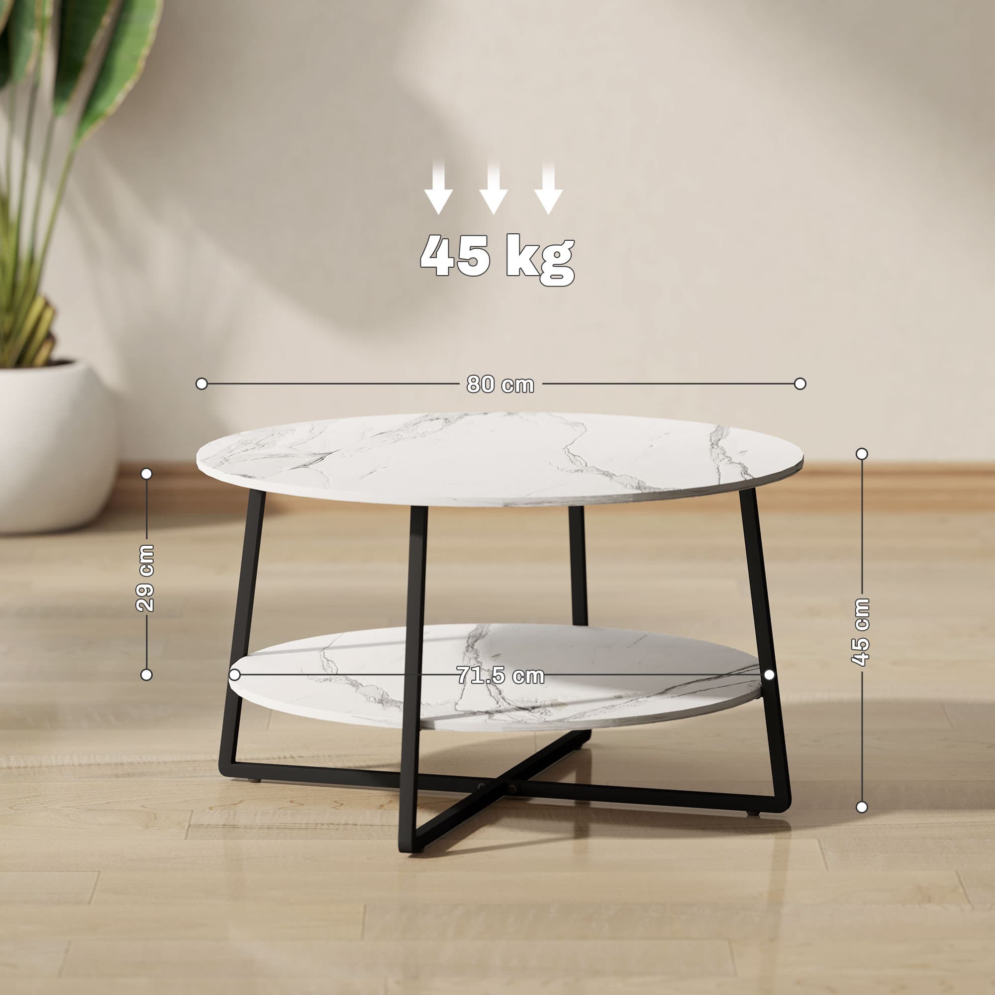 Round Marble-Effect Coffee Table — Two Tiers, Black Metal Frame - image 4