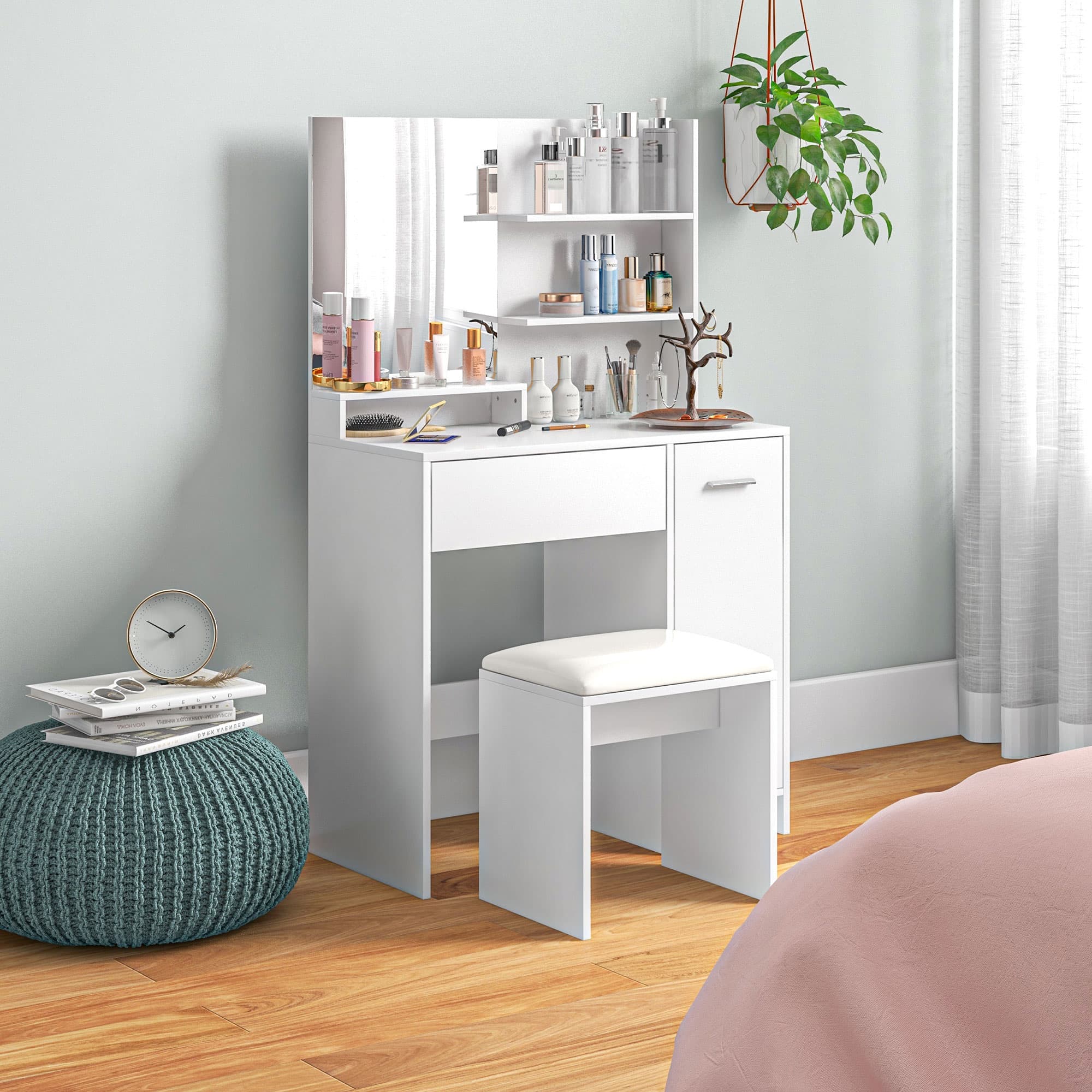 White Dressing Table Set – Mirror, Shelves, Drawer and Stool - image 3