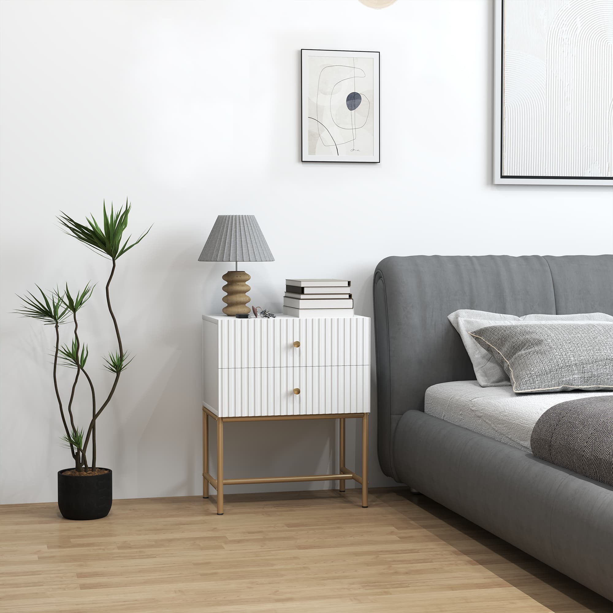 White Bedside Table – Fluted Drawers and Brass-Tone Frame - image 2