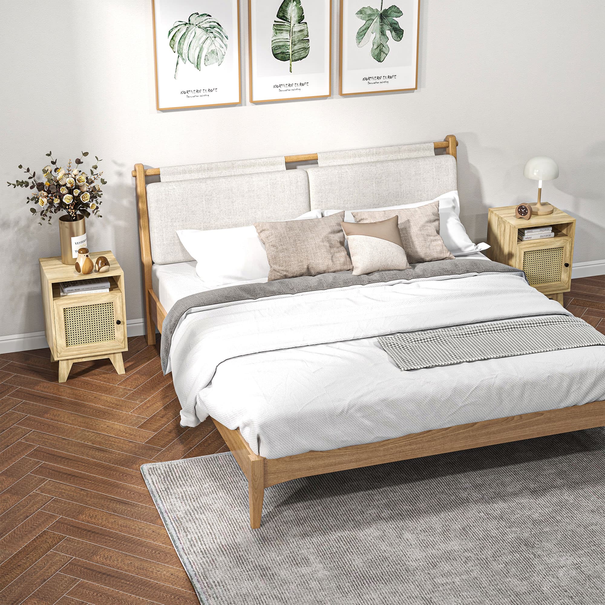 Pair of Rattan-Panel Bedside Tables with Open Shelf - image 3