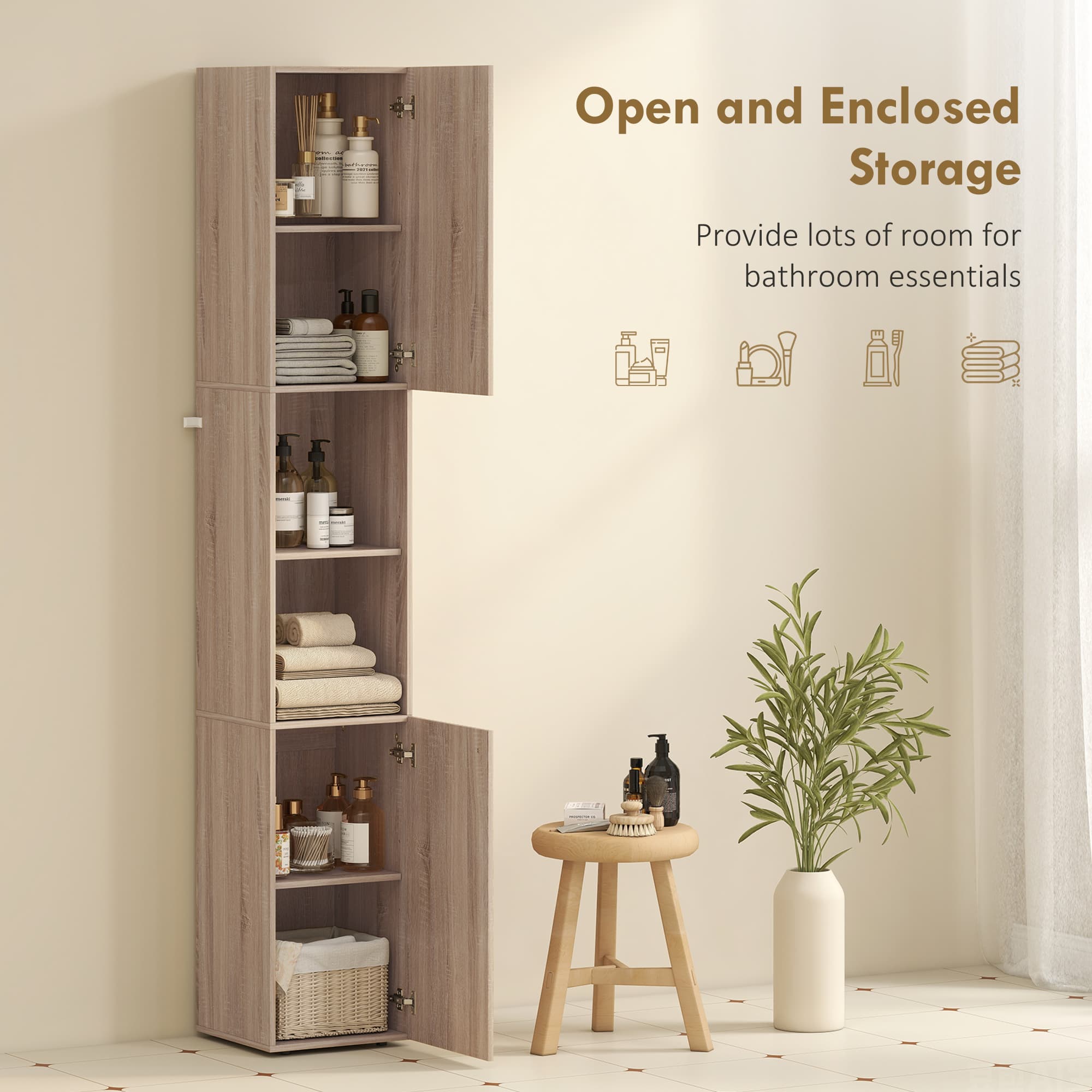 Slim Tall Bathroom Cabinet with Cupboards and Open Shelves - image 9