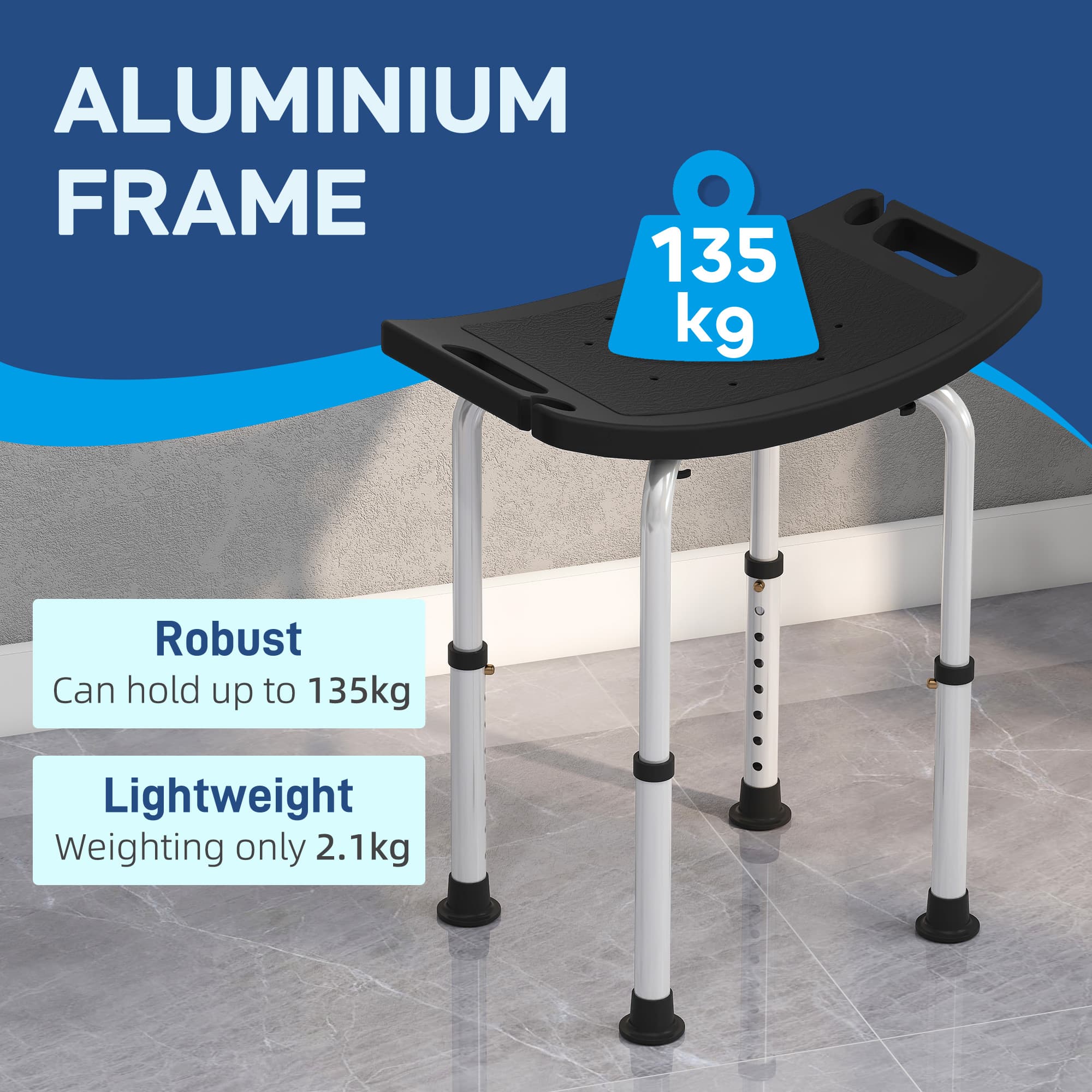 Aluminium Shower Stool, Height Adjustable, Black - image 1