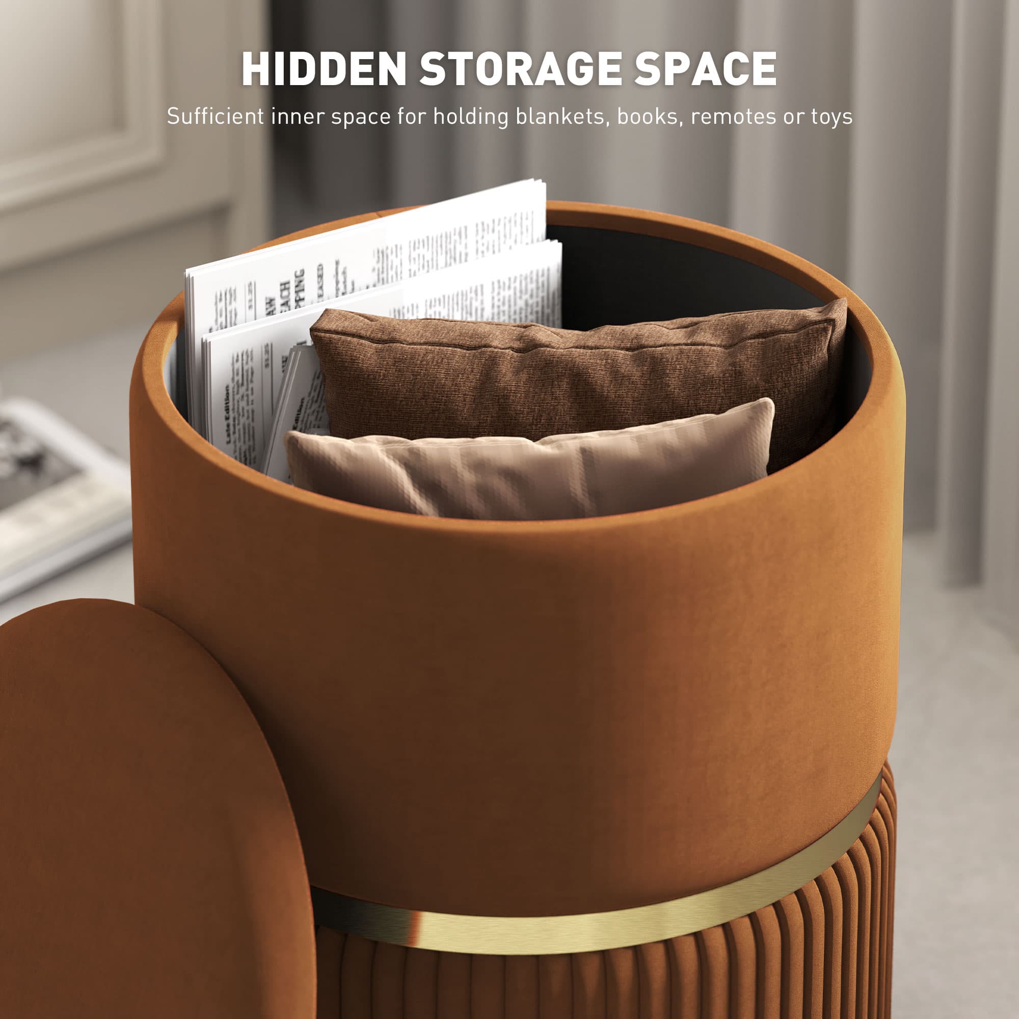 Round Brown Velvet Storage Ottoman with Lift-Off Lid - image 10