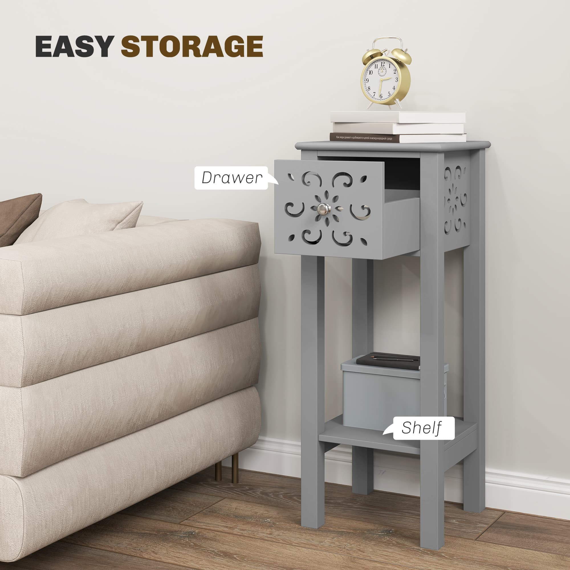 Two Grey Floral Side Tables with Drawer and Lower Shelf - image 5