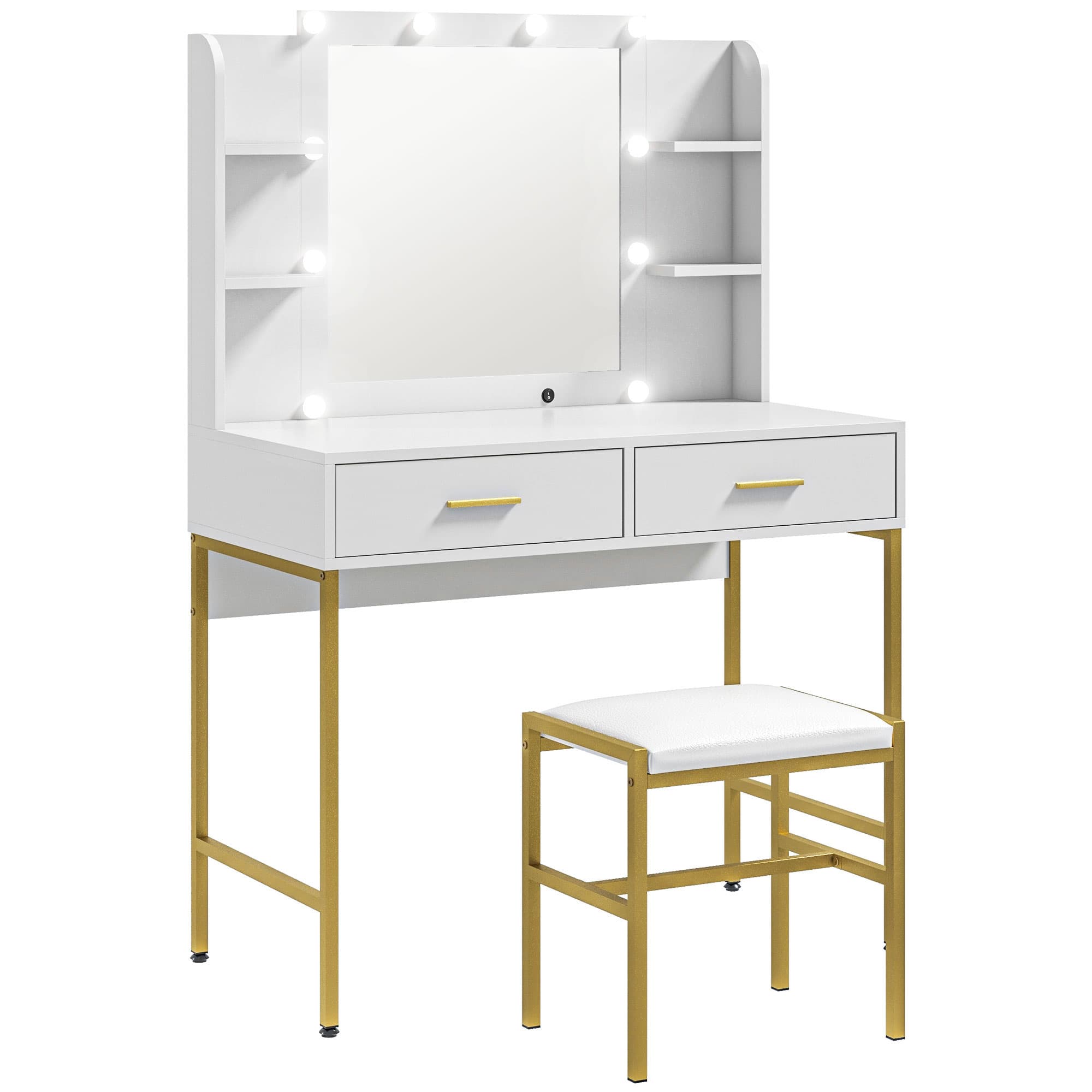 White Vanity Dressing Table with LED Mirror, Drawers and Stool - White