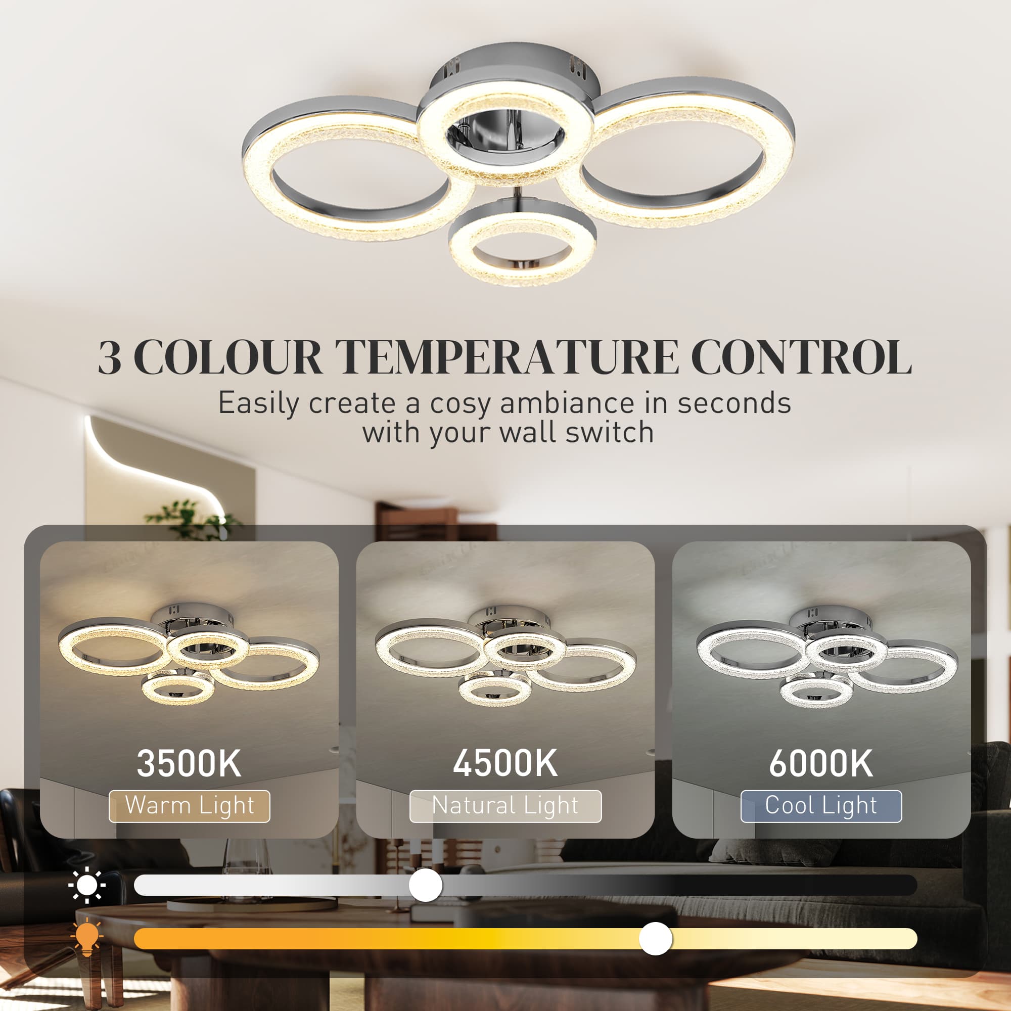 Four-Ring LED Ceiling Light with Wall Switch Colour Control - image 5