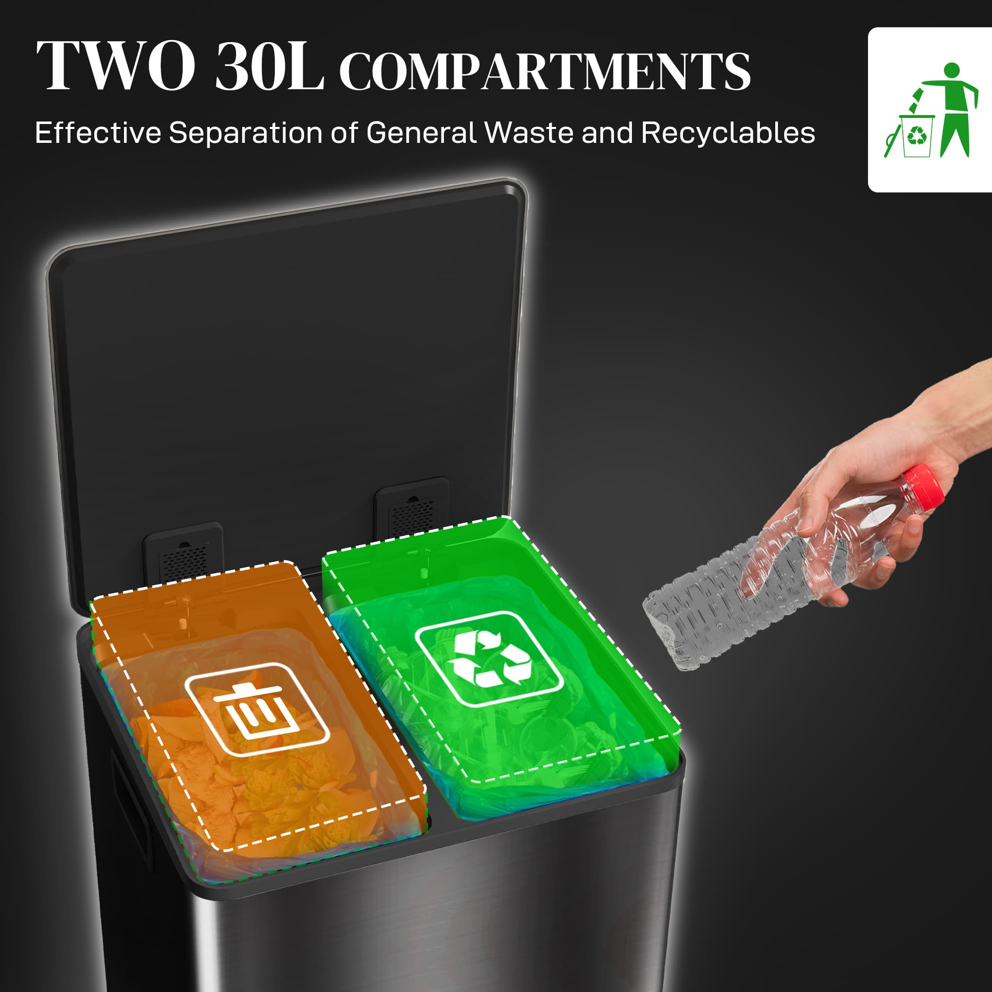 60L Dual Compartment Kitchen Pedal Bin – Black Steel - image 1