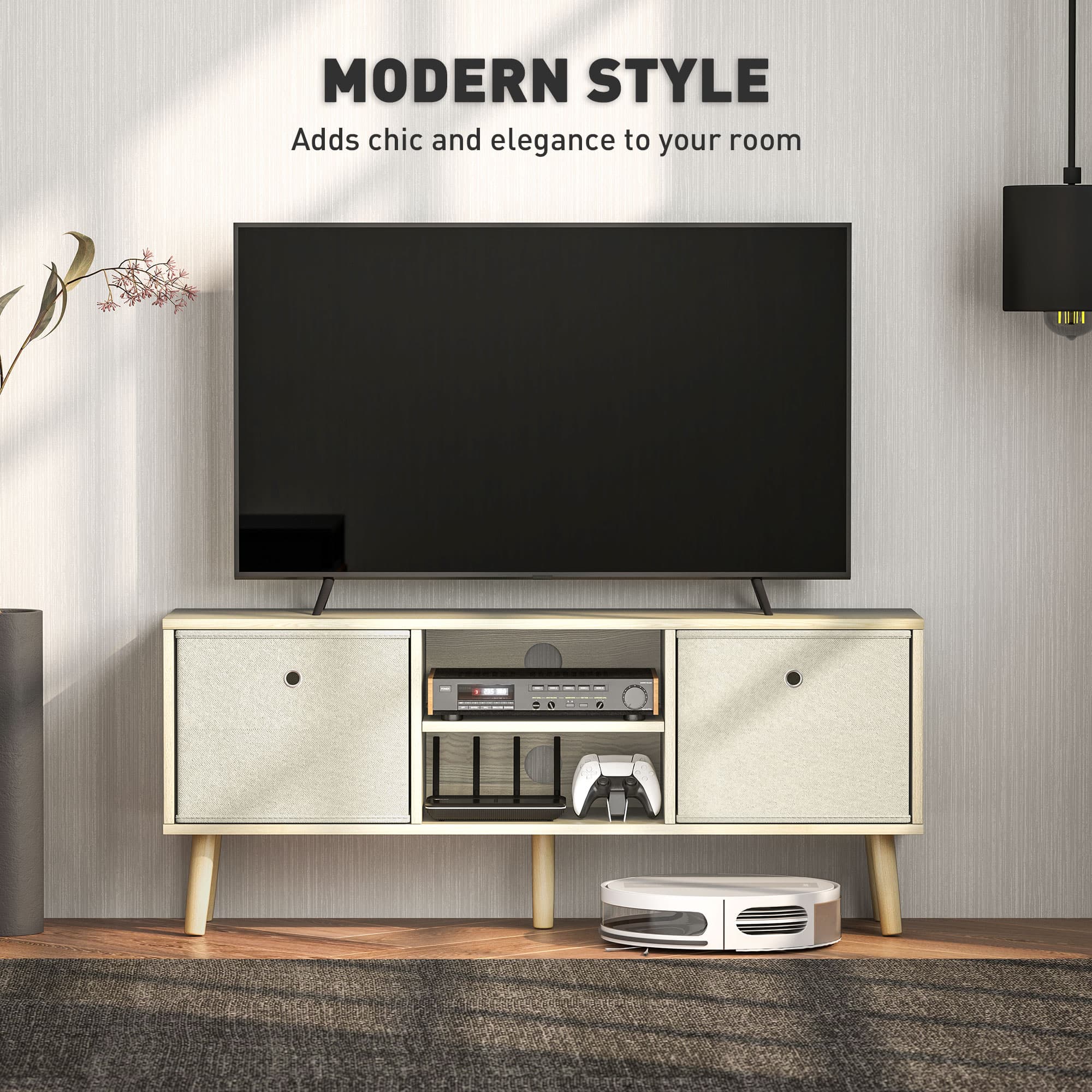 Mid-Century TV Unit with Fabric Storage, Natural Oak - image 5