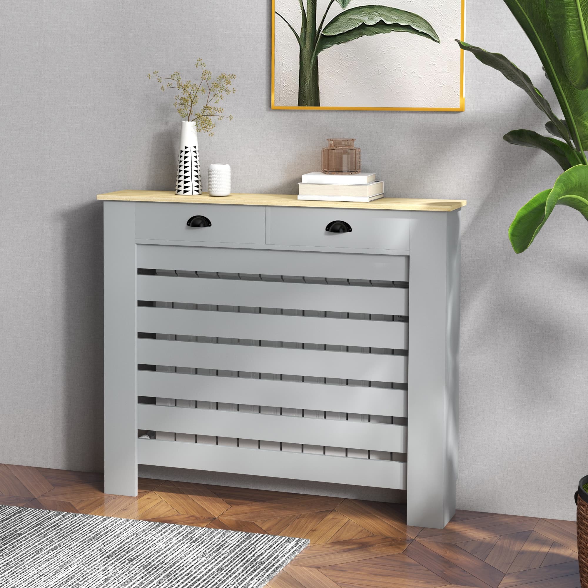 Slatted Radiator Cover with Two Drawers – Grey - image 4
