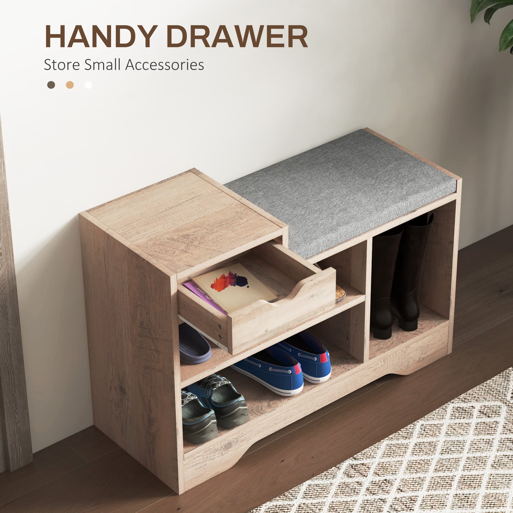 Shoe Bench With Padded Seat, Open Shelves and Pull-Out Drawer - image 1
