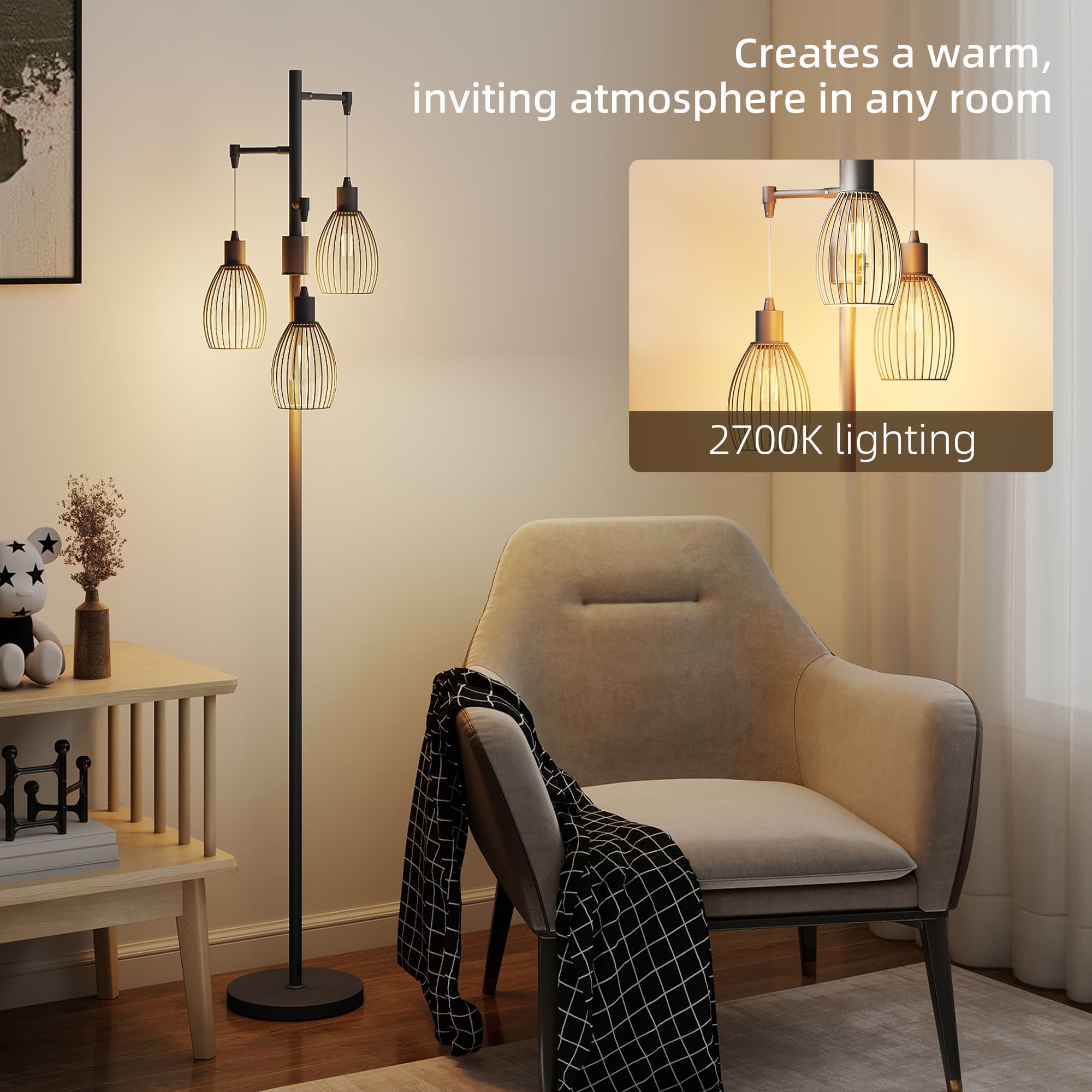 Black Industrial Floor Lamp With 3 Wire Cage Shades and Dimmer - image 3