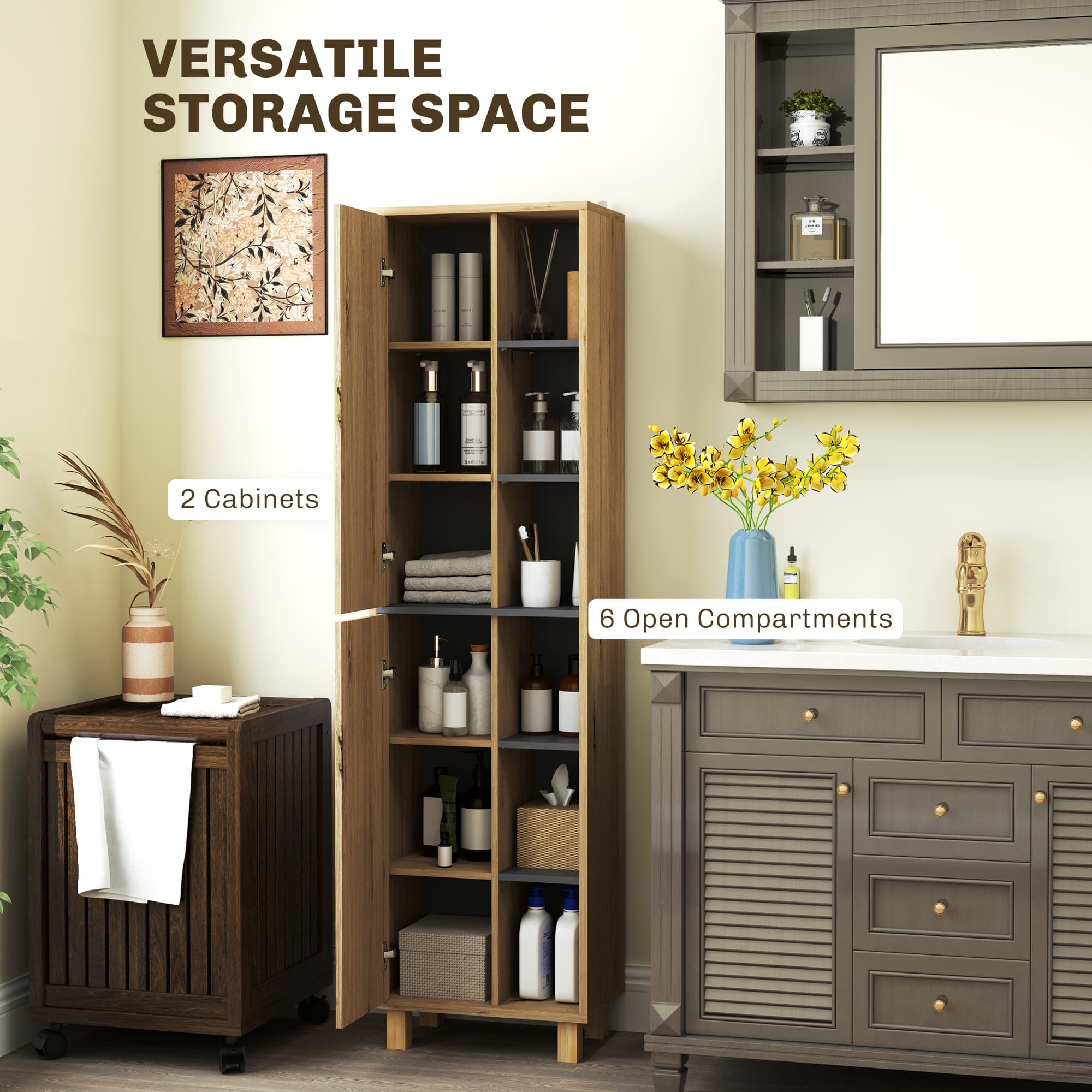 Tall Slim Bathroom Storage Cabinet with Open Shelves and Doors - image 4
