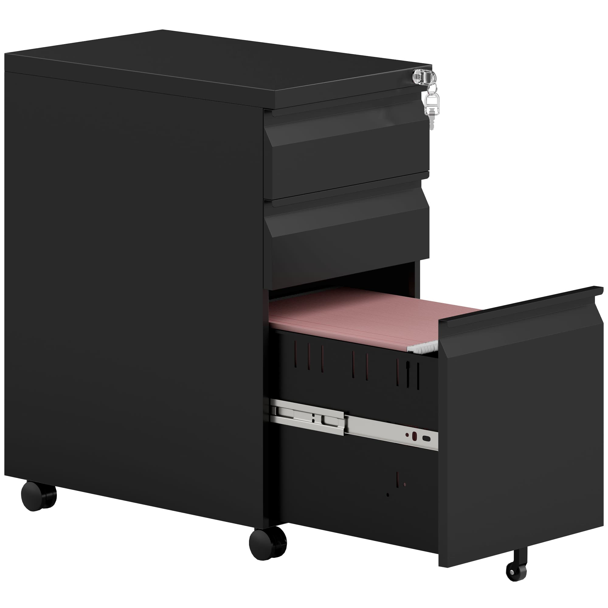 Lockable 3-Drawer Steel Filing Cabinet on Castors – Black - Black