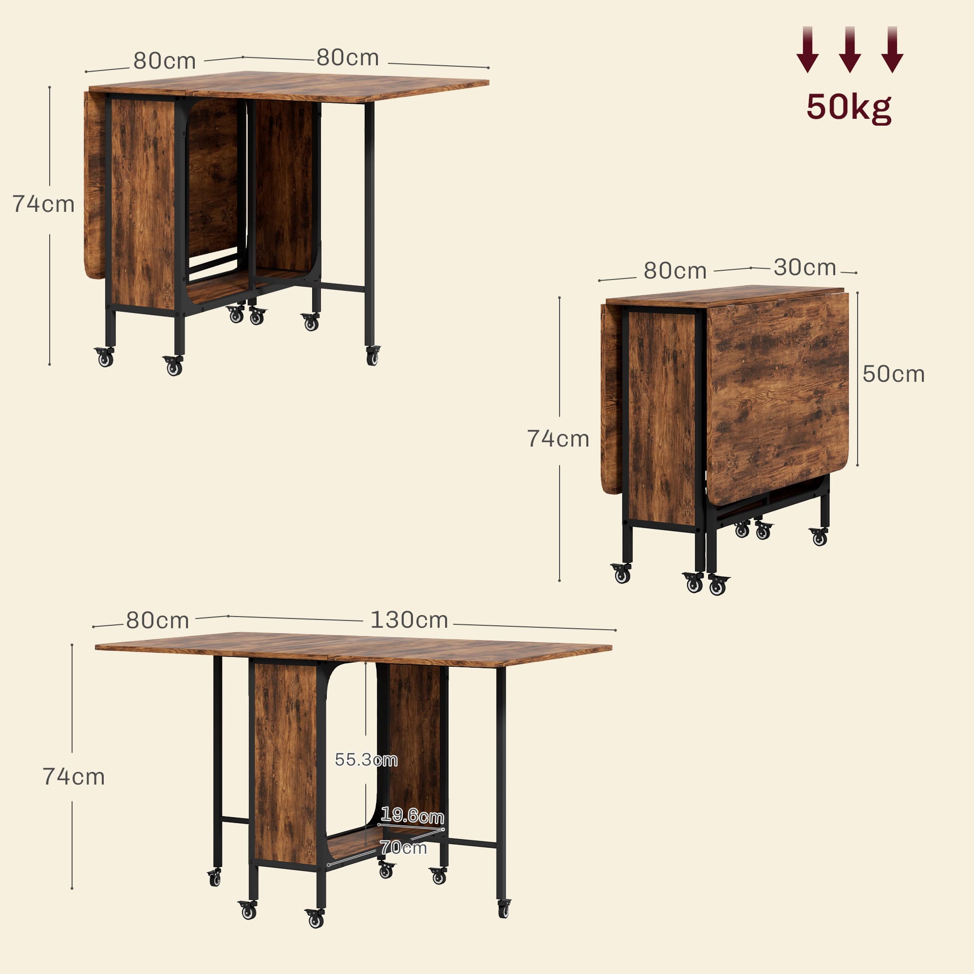 Folding Drop Leaf Dining Table on Wheels - Rustic Brown - image 5