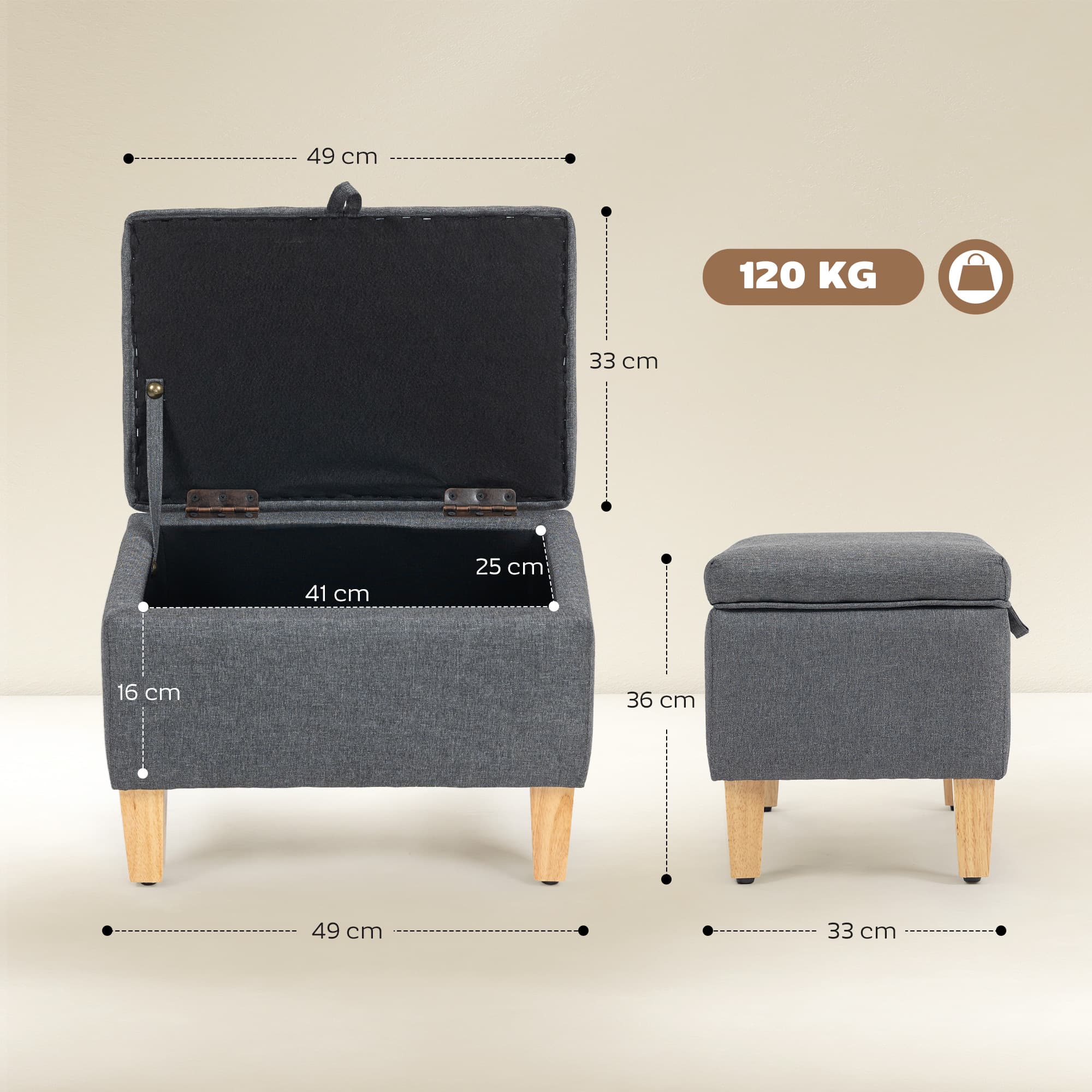 Charcoal Grey Linen-Look Storage Ottoman & Padded Footstool - image 2