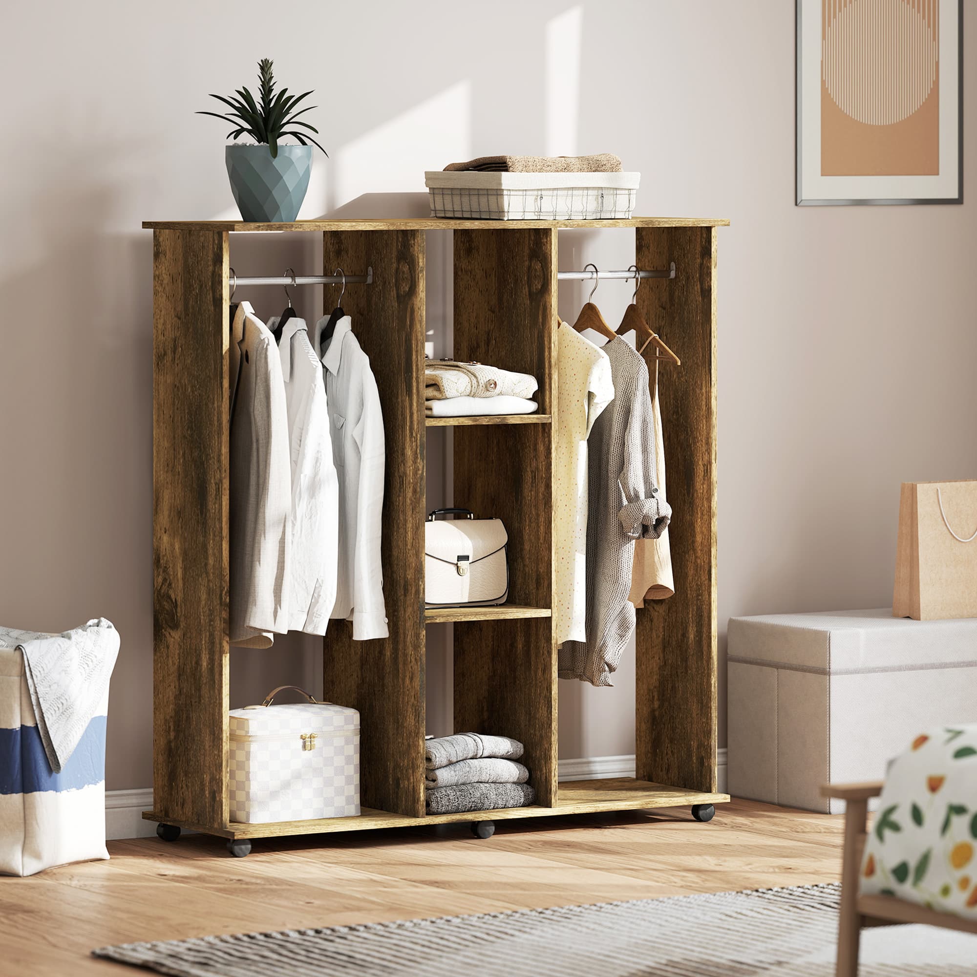 Two-Rail Open Wardrobe with Shelves on Castors, Rustic Brown - image 5