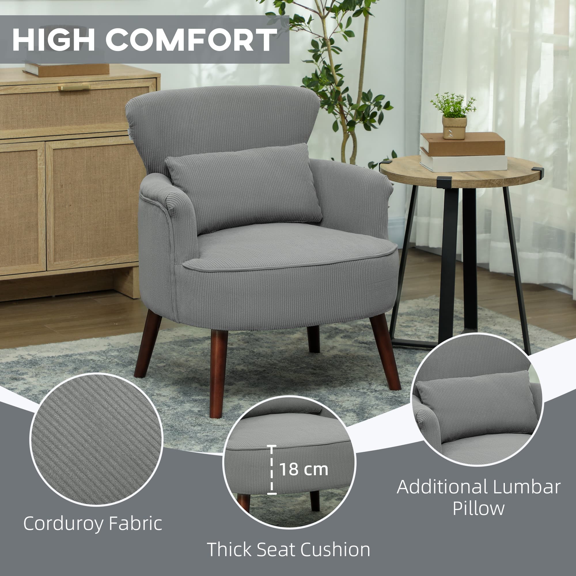 Light Grey Corduroy Accent Chair on Tapered Wooden Legs - image 3