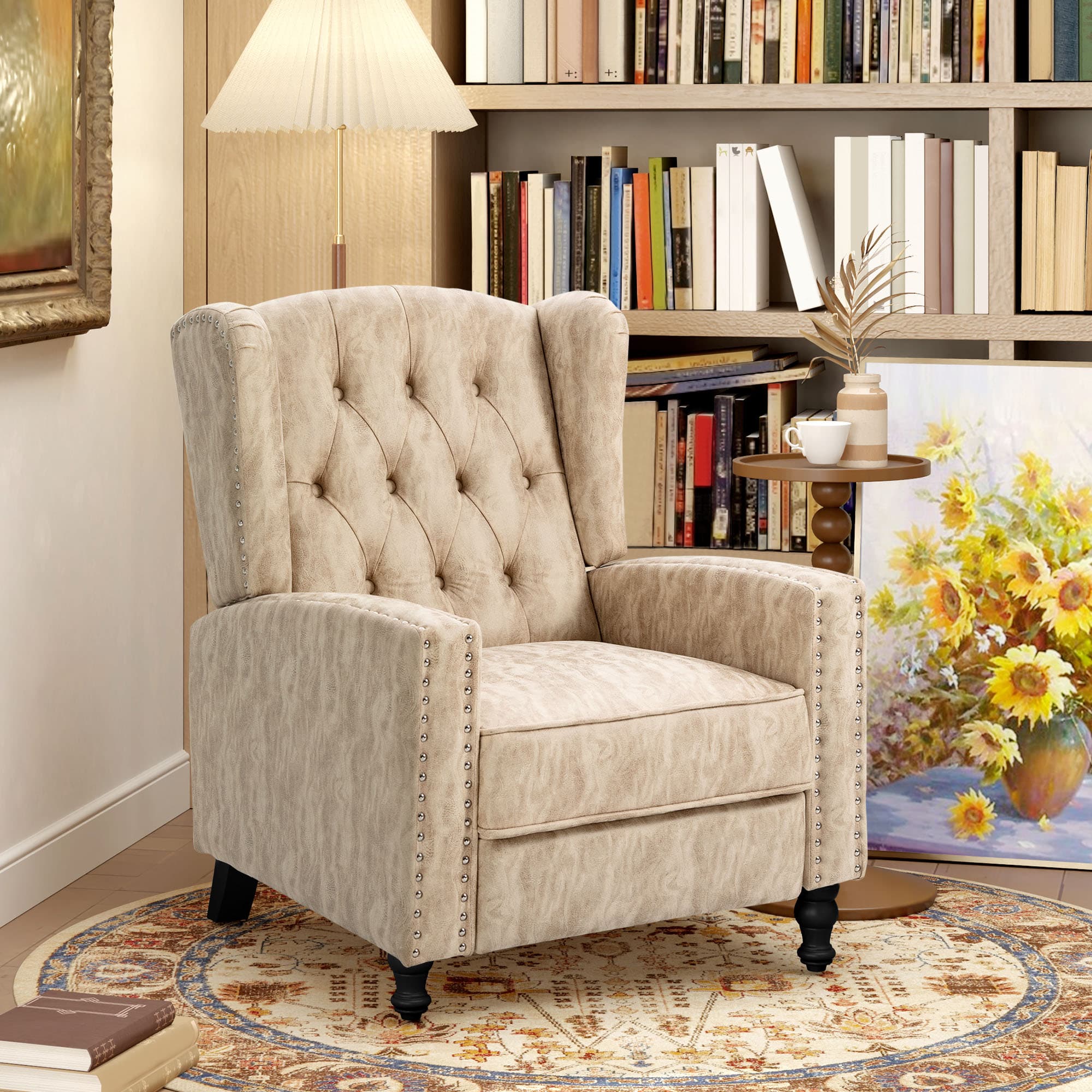 Beige Chesterfield Wingback Recliner with Footrest - image 1