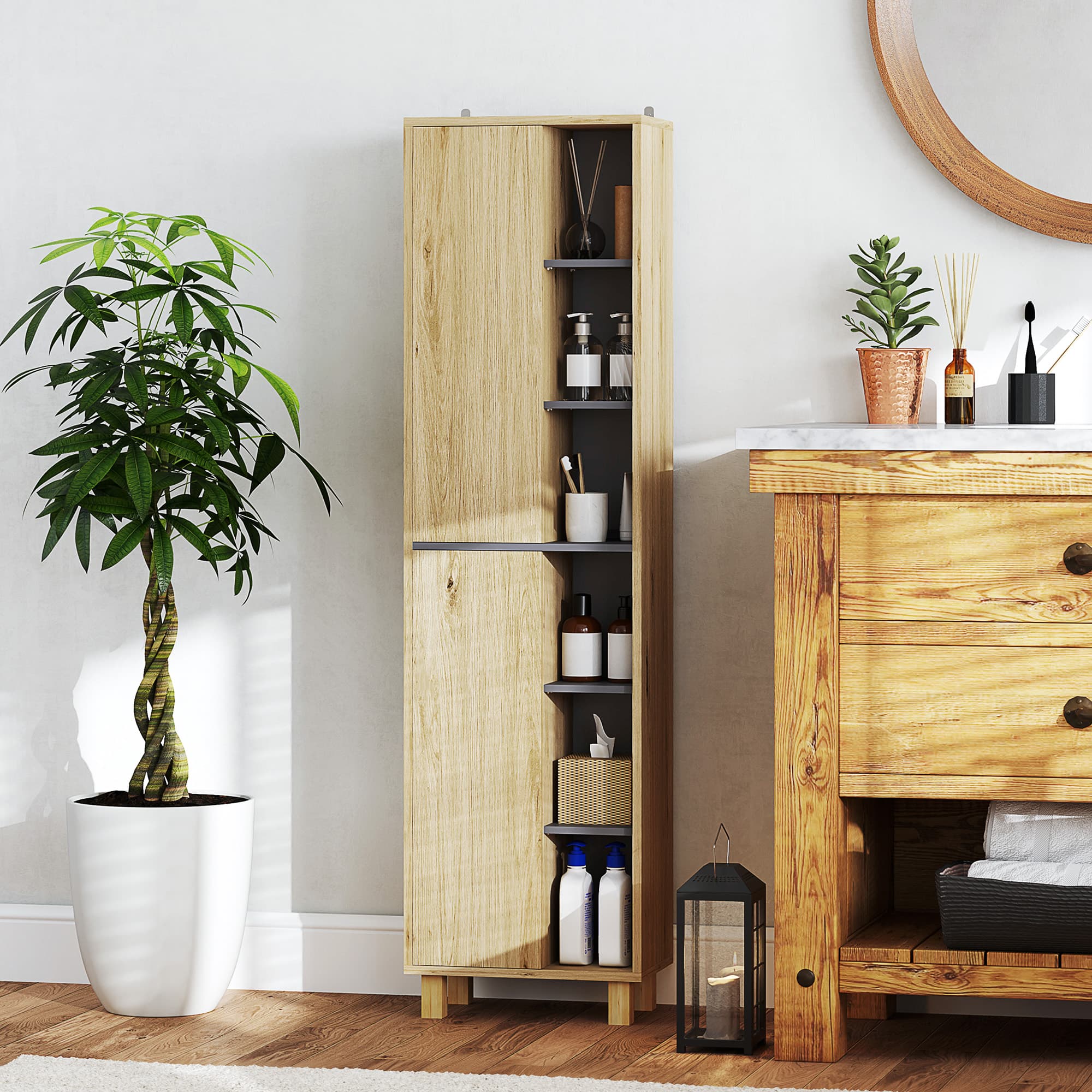 Tall Slim Bathroom Storage Cabinet with Open Shelves and Doors - image 2