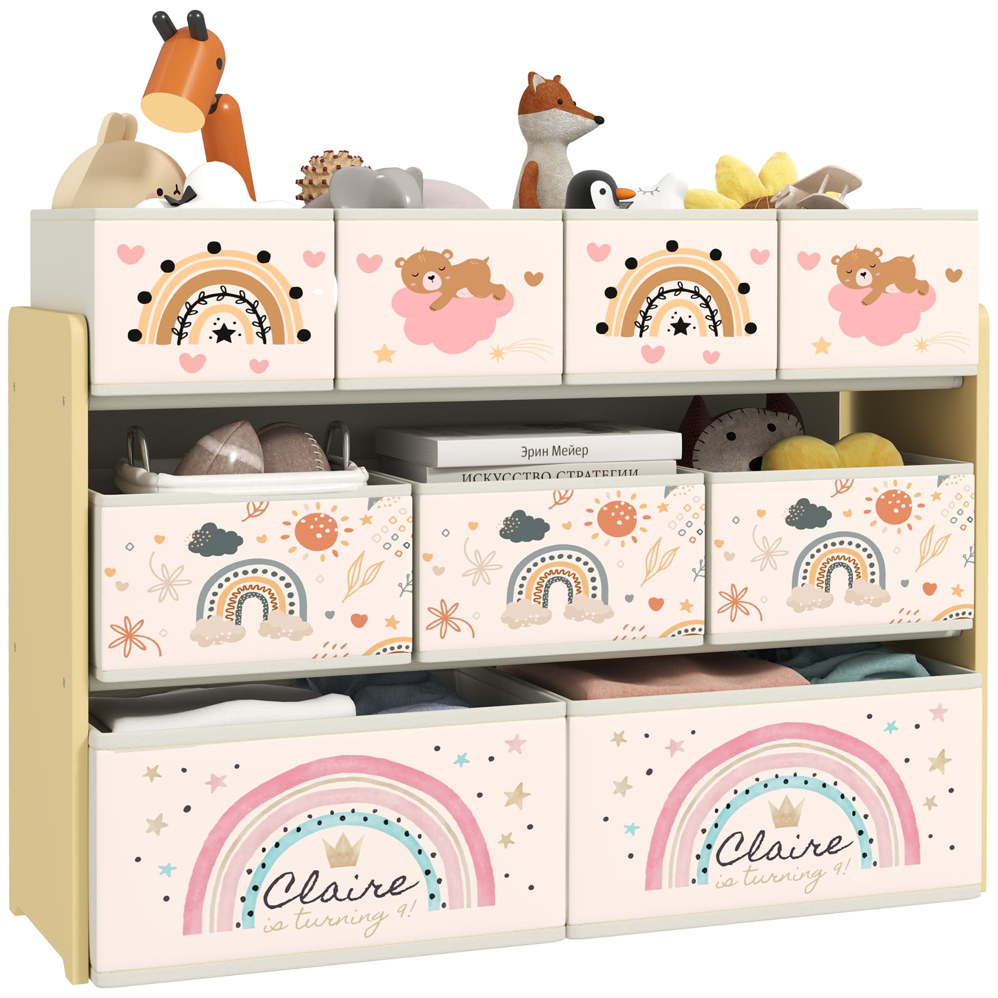Kids 3-Tier Storage With 9 Rainbow-Print Fabric Boxes