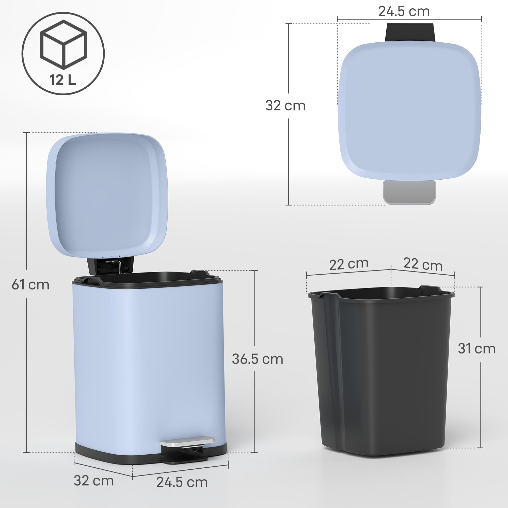 12L Light Blue Boxy Metal Kitchen Pedal Bin - image 6