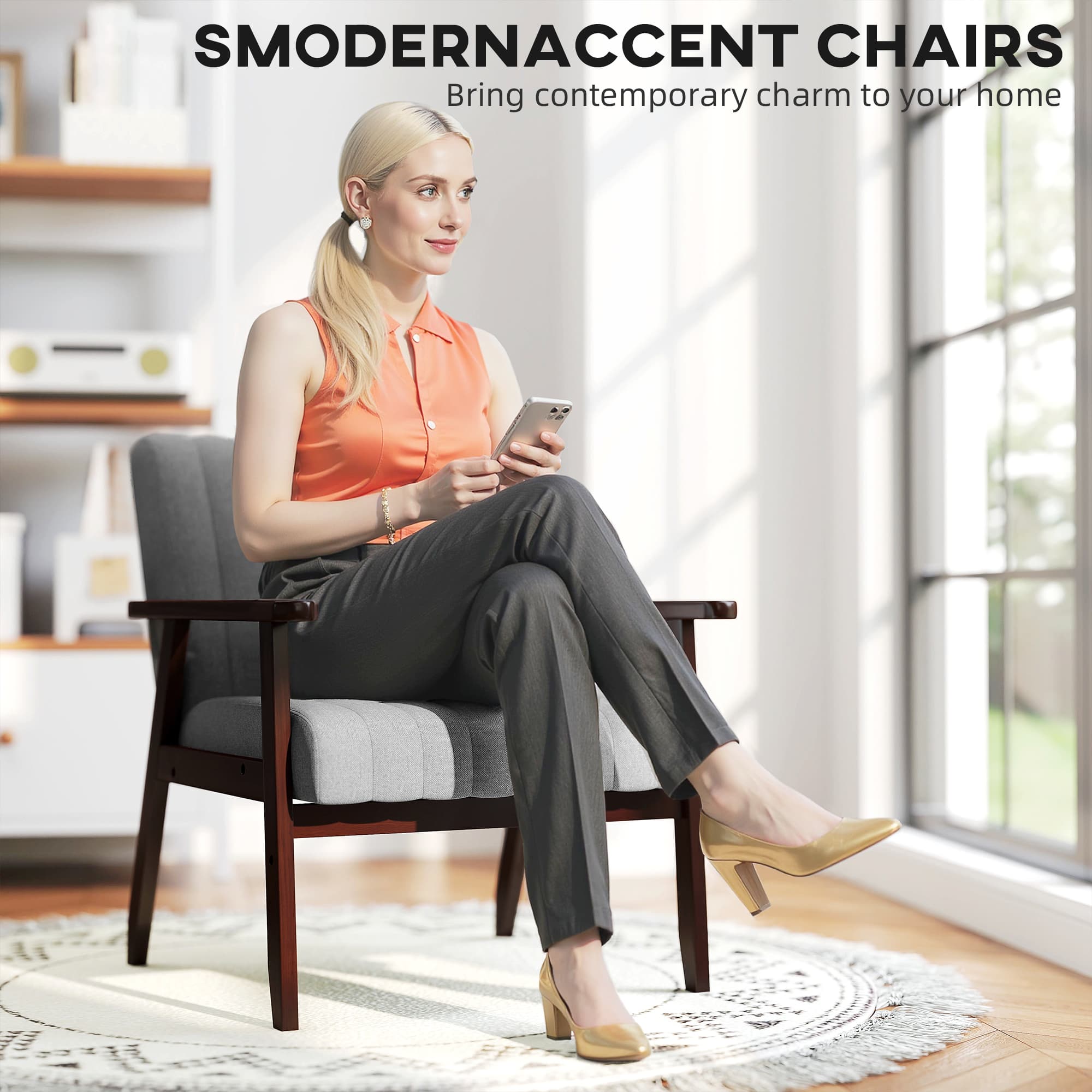Mid-Century Accent Chair with Wooden Frame — Light Grey - image 2