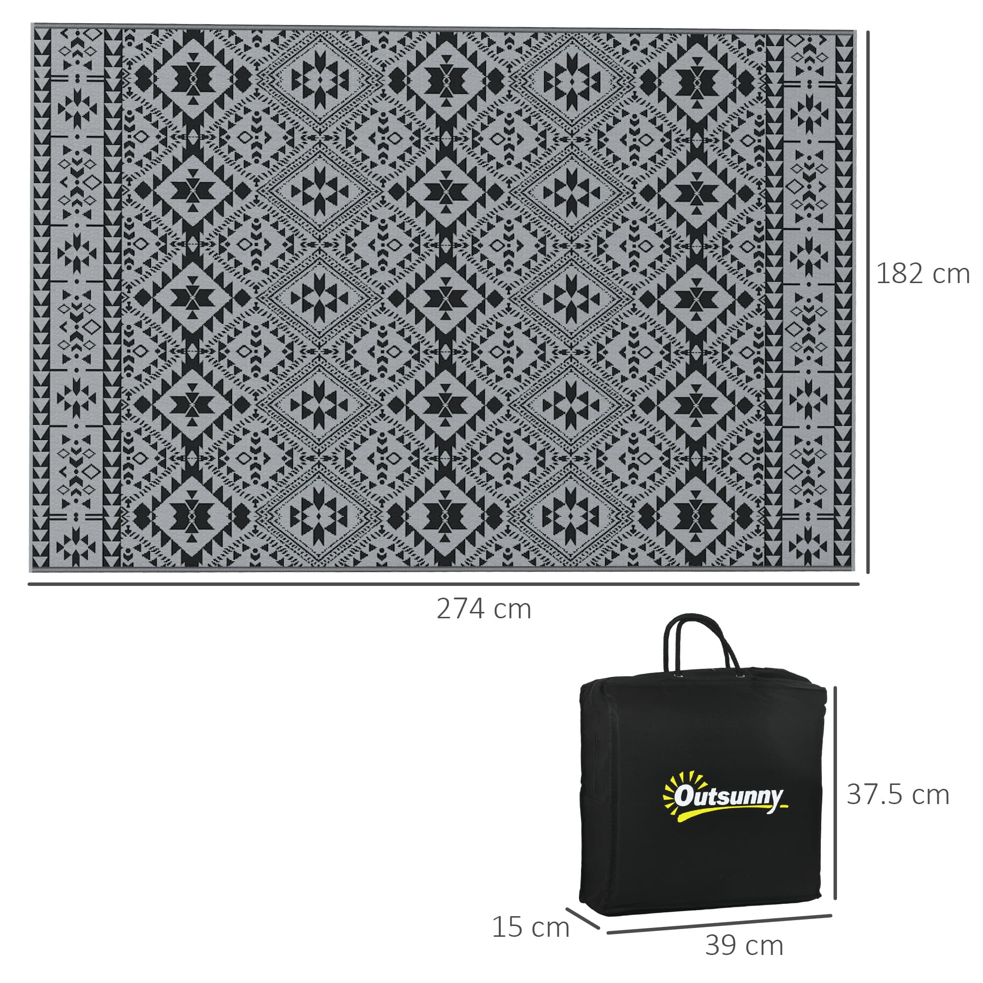 182 x 274cm Black and Grey Reversible Patterned Outdoor Rug - image 7