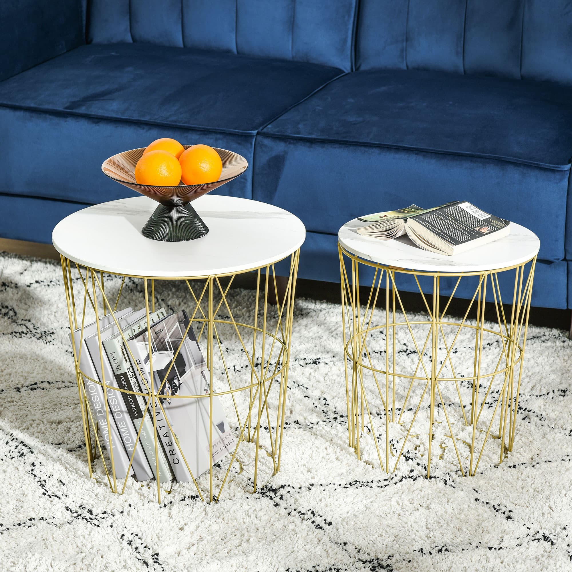 Round Nesting Tables With Marble-Effect Removable Tops and Gold Wire Bases - image 9