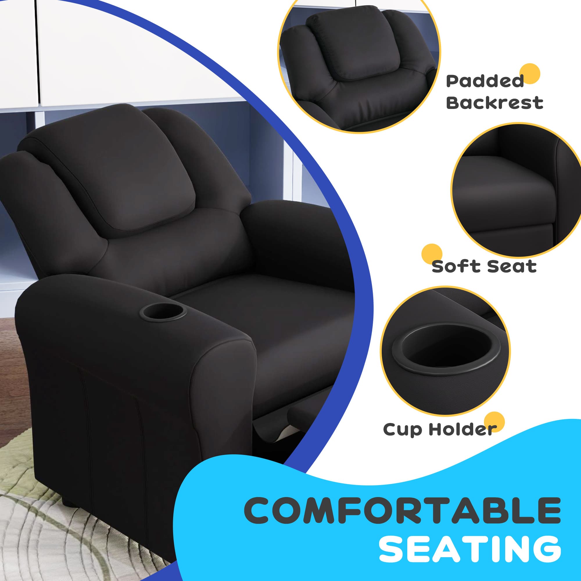 Children's Reclining Armchair in Black Faux Leather With Cup Holder - image 3