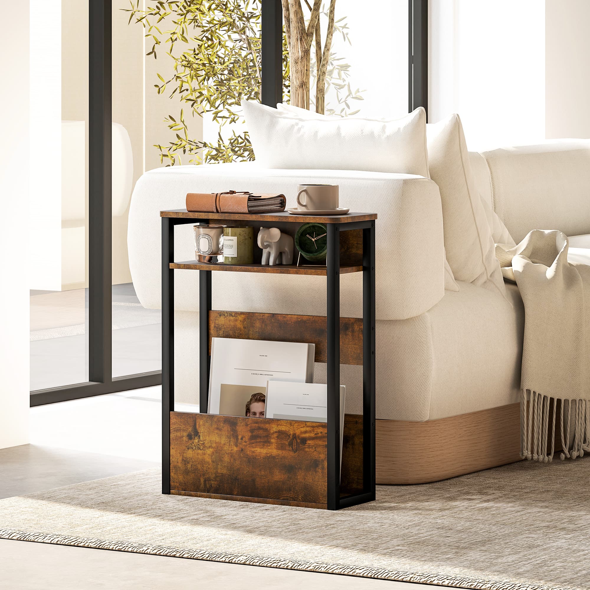 Industrial Side Table with Three Tiers and Magazine Rack - image 2