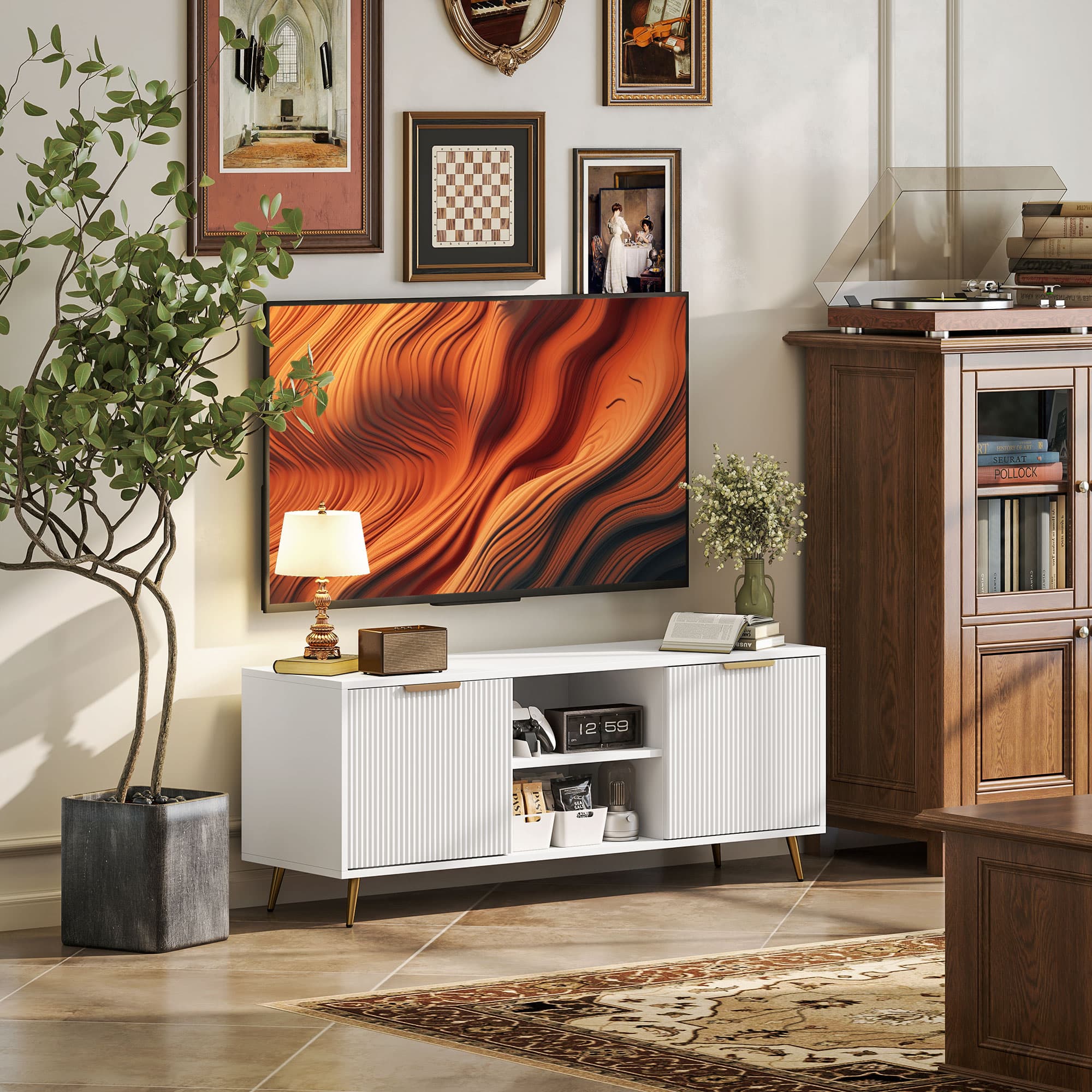 White TV Stand with Fluted Doors and Brass Tapered Legs - image 2