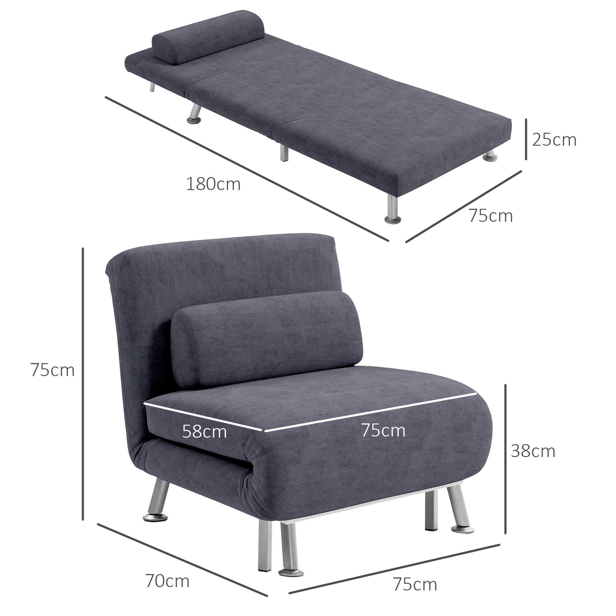Charcoal Grey Velvet-Feel Single Sleeper Chair - image 3