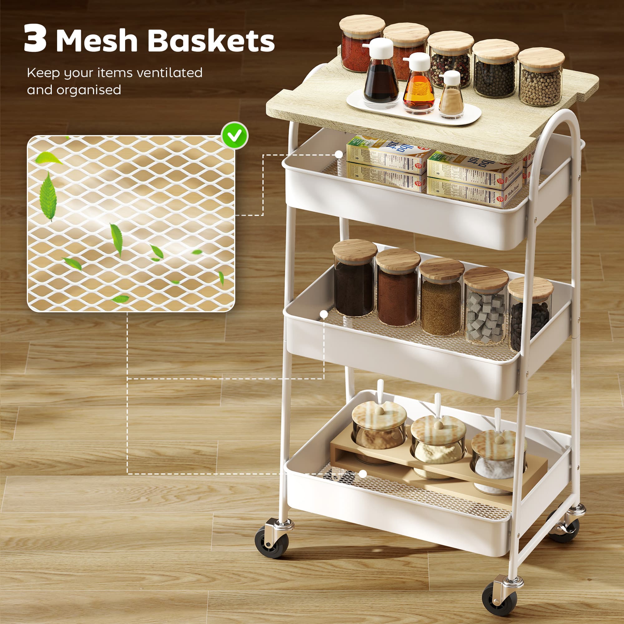 White Kitchen Trolley with Oak Top and Wire Mesh Baskets - image 4