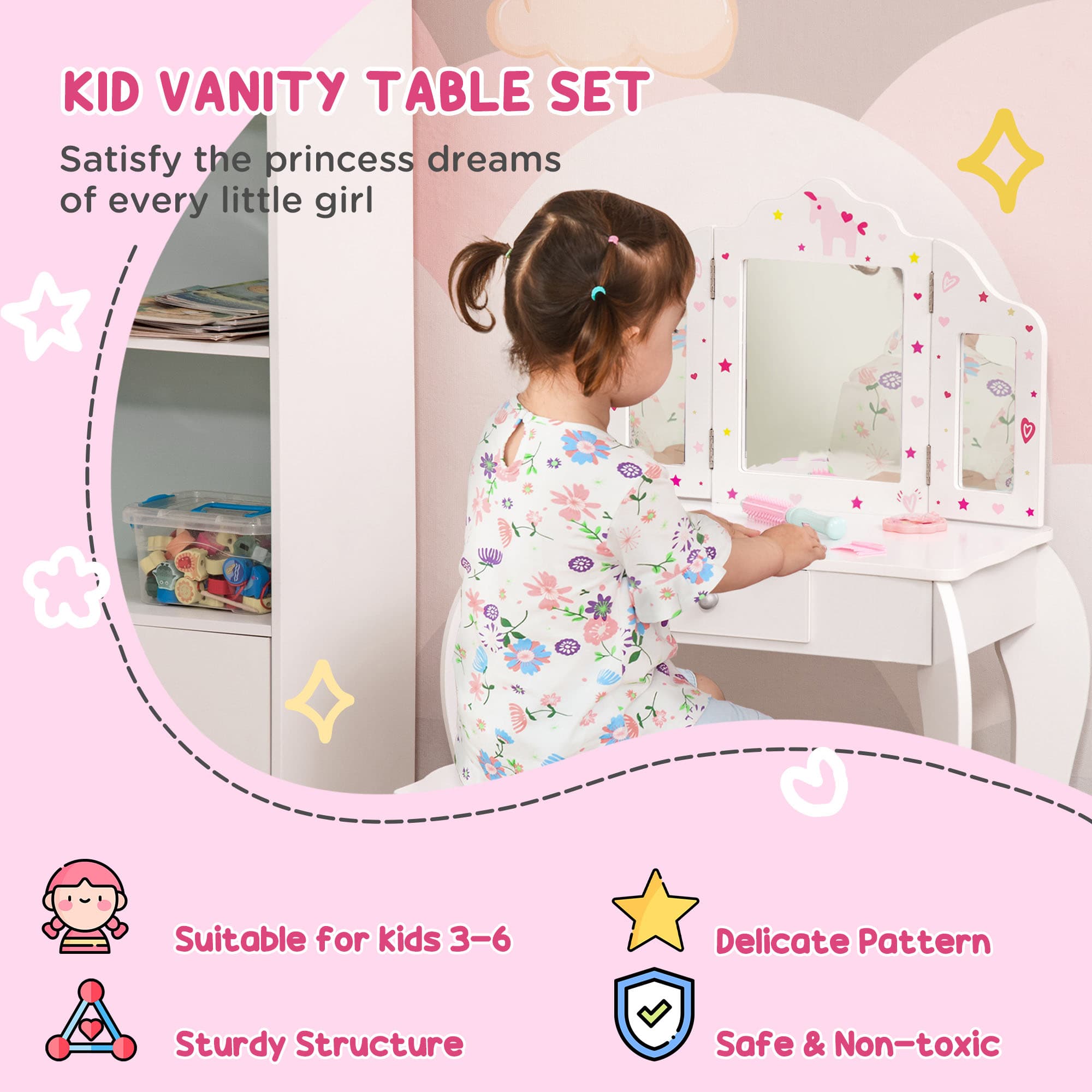 Kids Dressing Table and Stool Set with Tri-Fold Mirror - image 3
