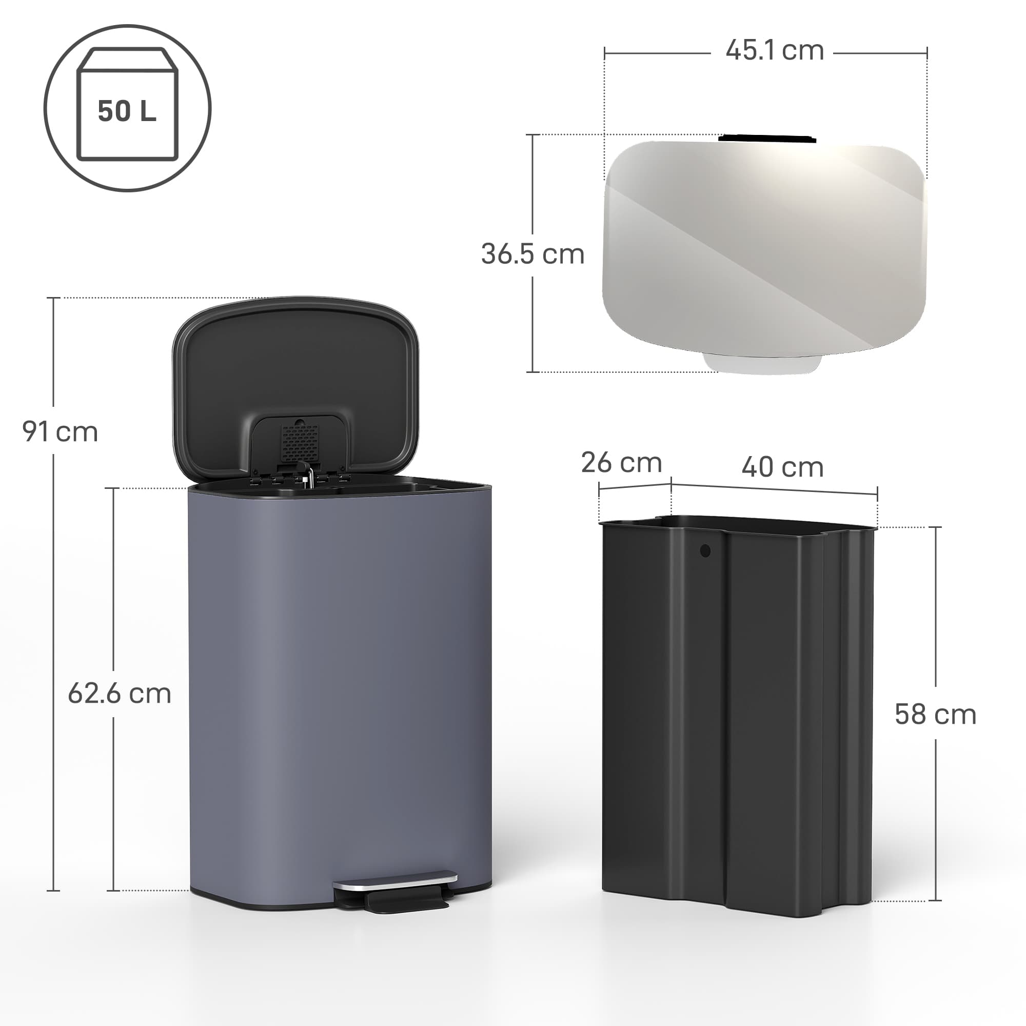 Effortless 50L Grey Stainless Steel Kitchen Pedal Bin - image 3