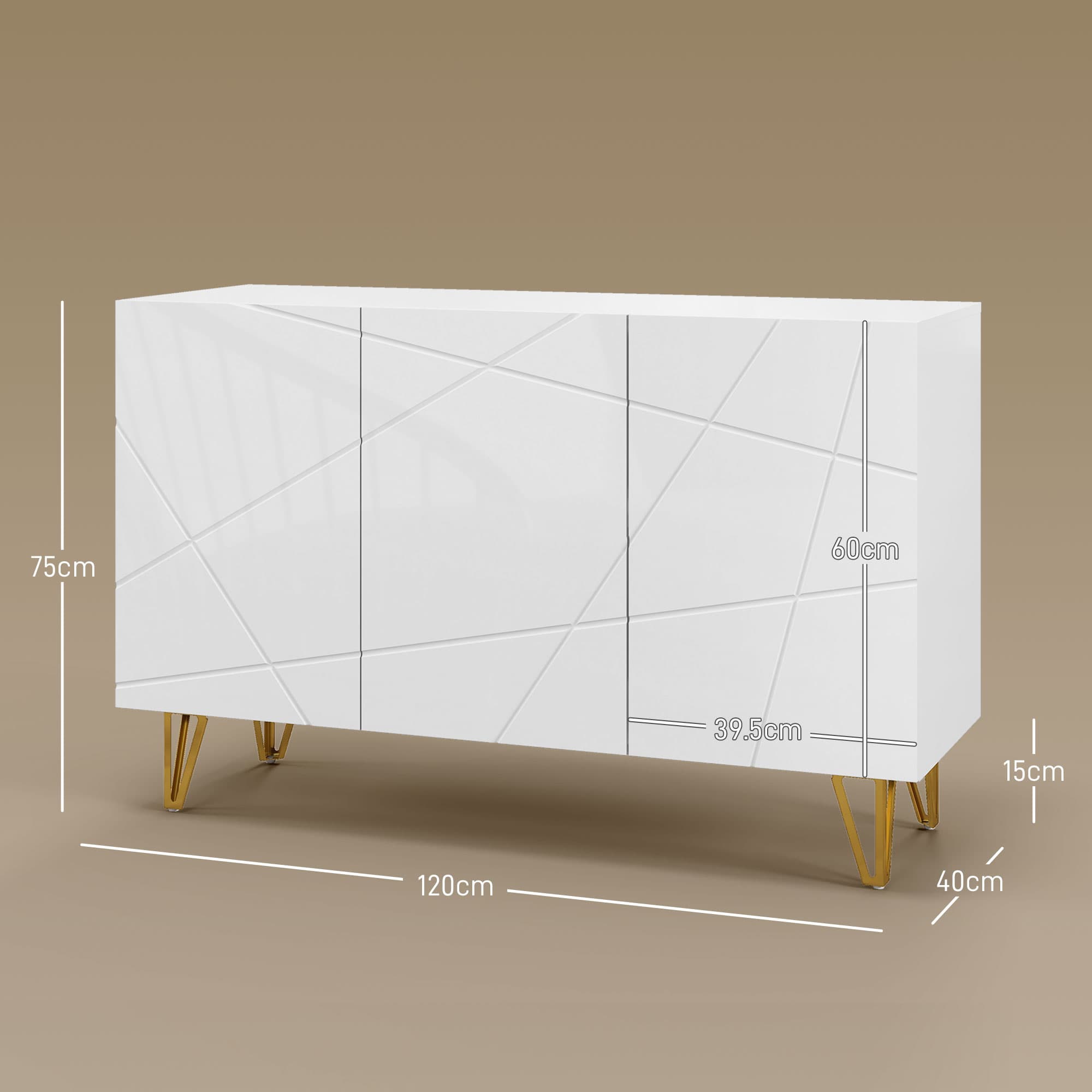High-Gloss White Sideboard with Geometric Doors and Gold Metal Legs - image 4