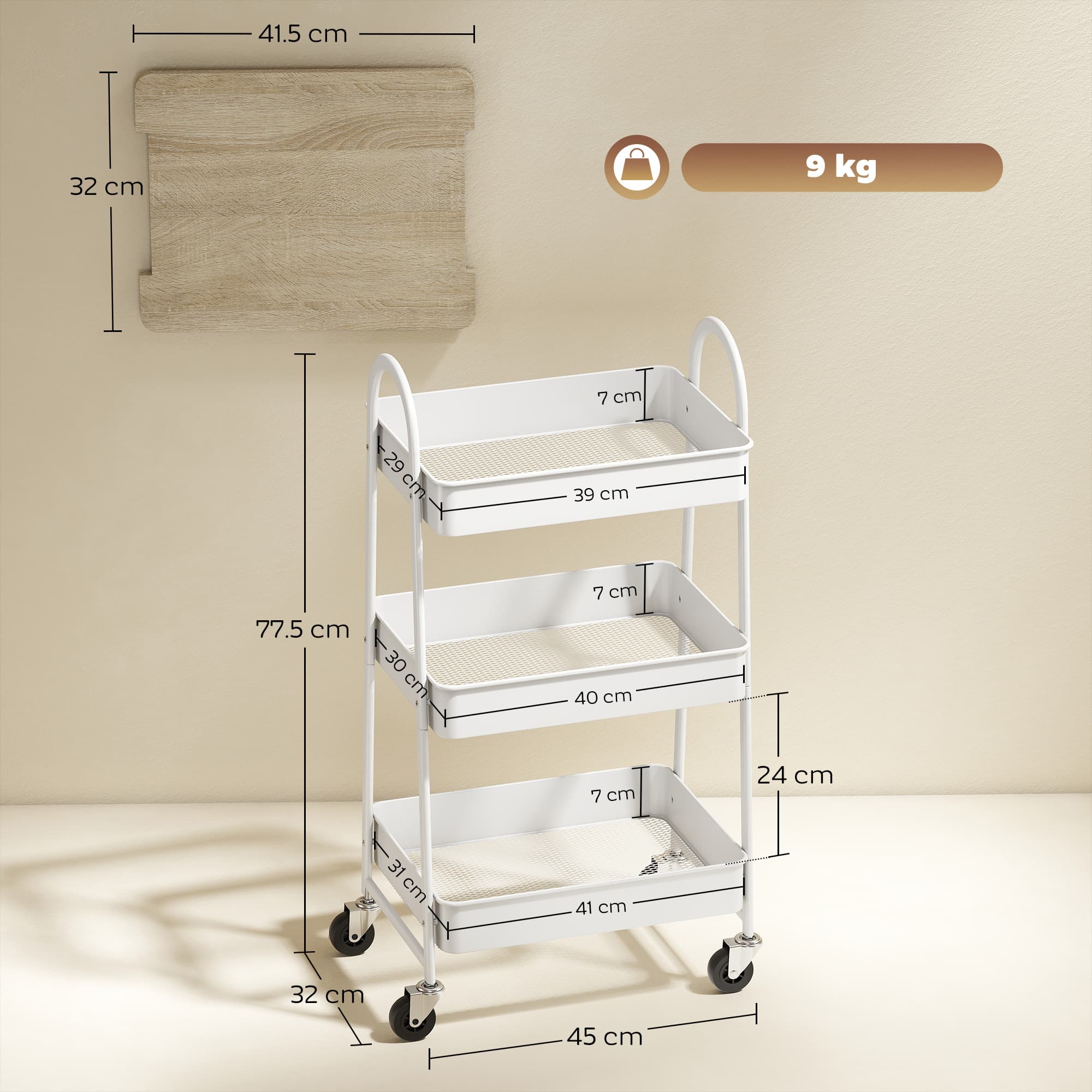 White Kitchen Trolley with Oak Top and Wire Mesh Baskets - image 5