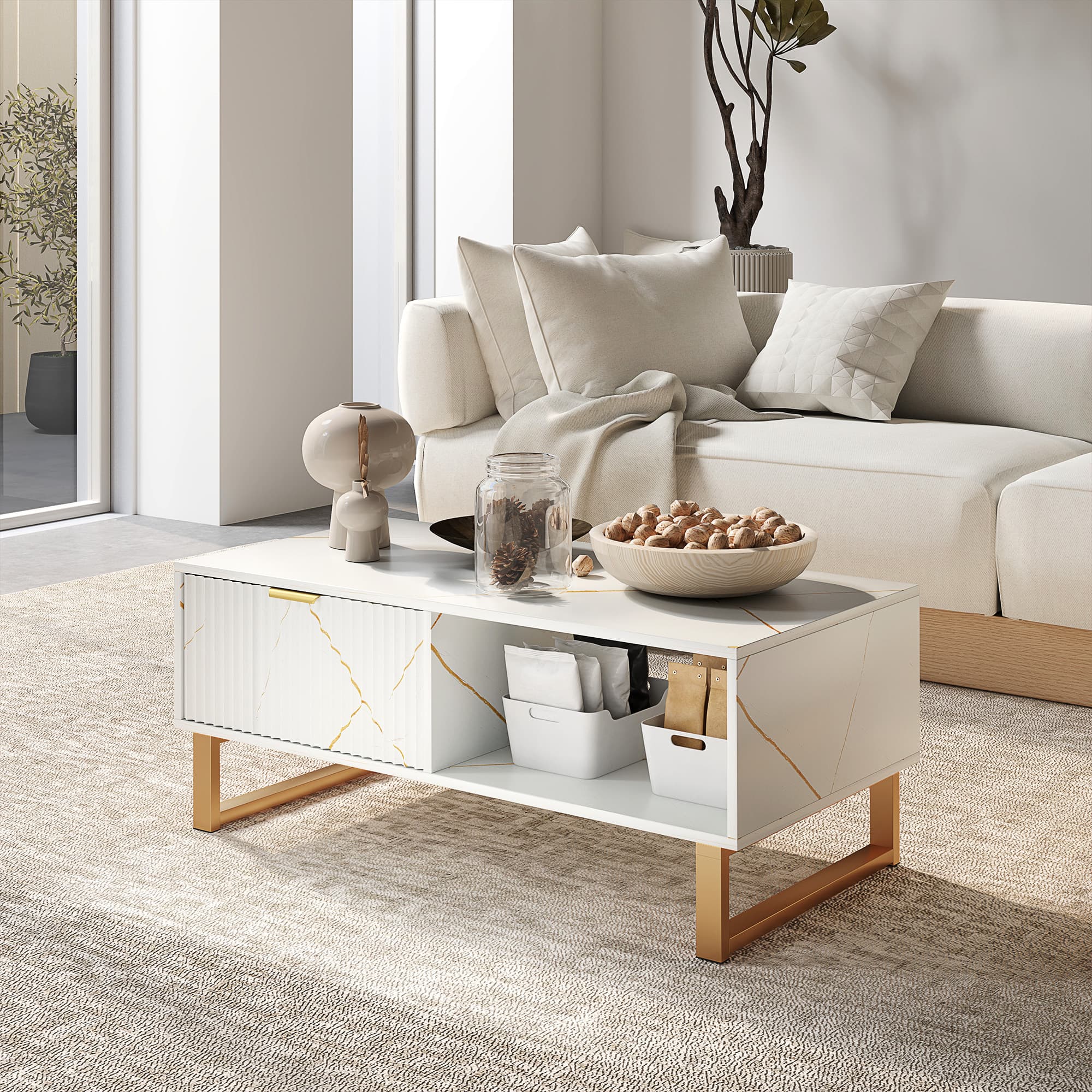 White Marble-Effect Coffee Table with Storage Drawer - image 3