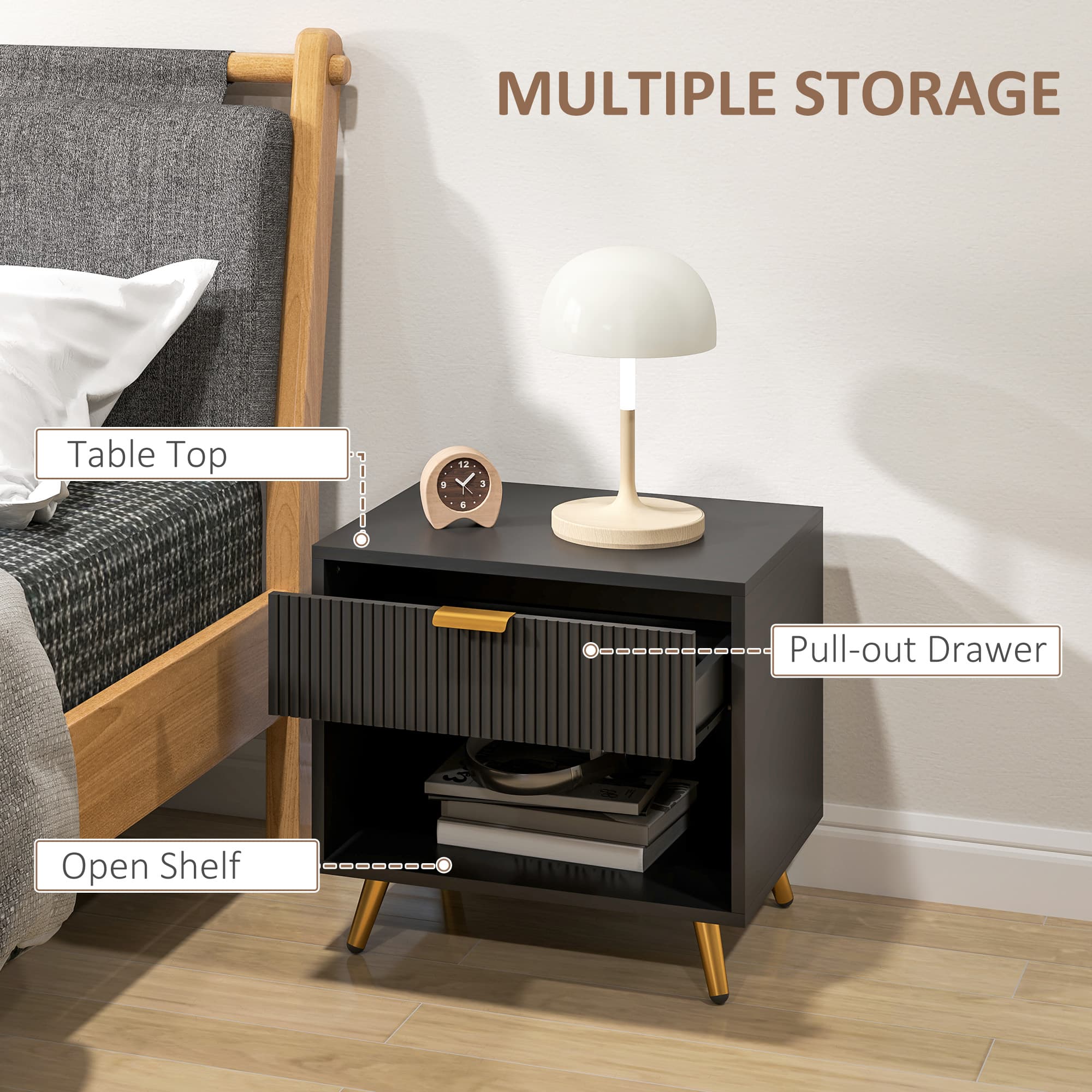 Black Bedside Table with Gold Legs and Fluted Drawer Front - image 10