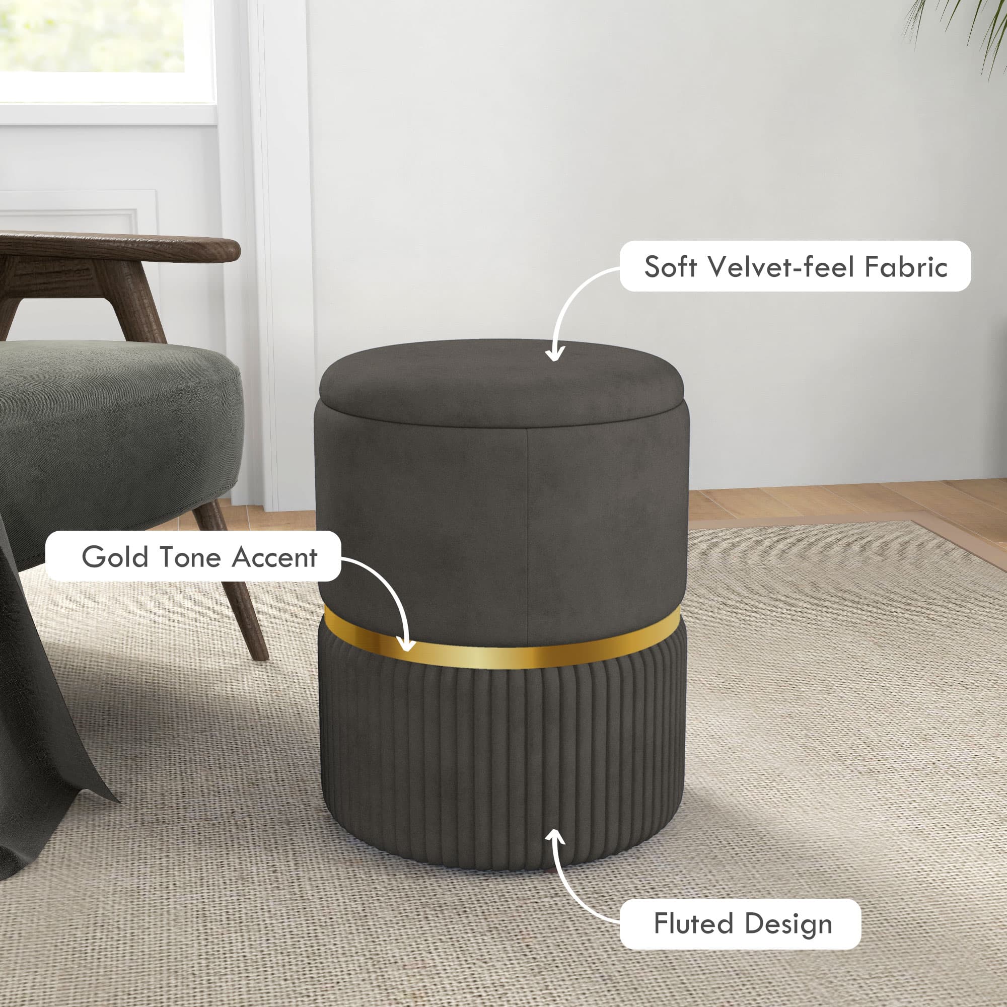 Grey Velvet Round Storage Ottoman with Gold Accent Ring - image 6
