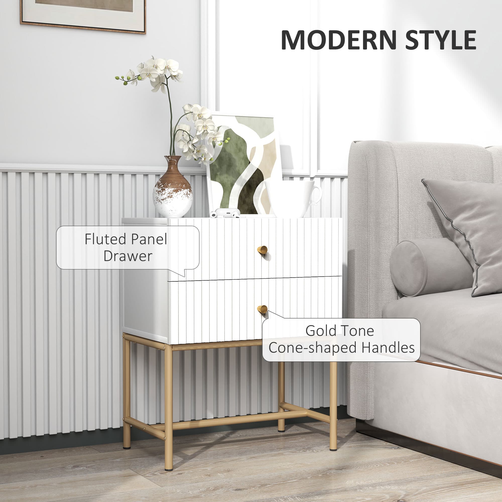 White Bedside Table – Fluted Drawers and Brass-Tone Frame - image 3