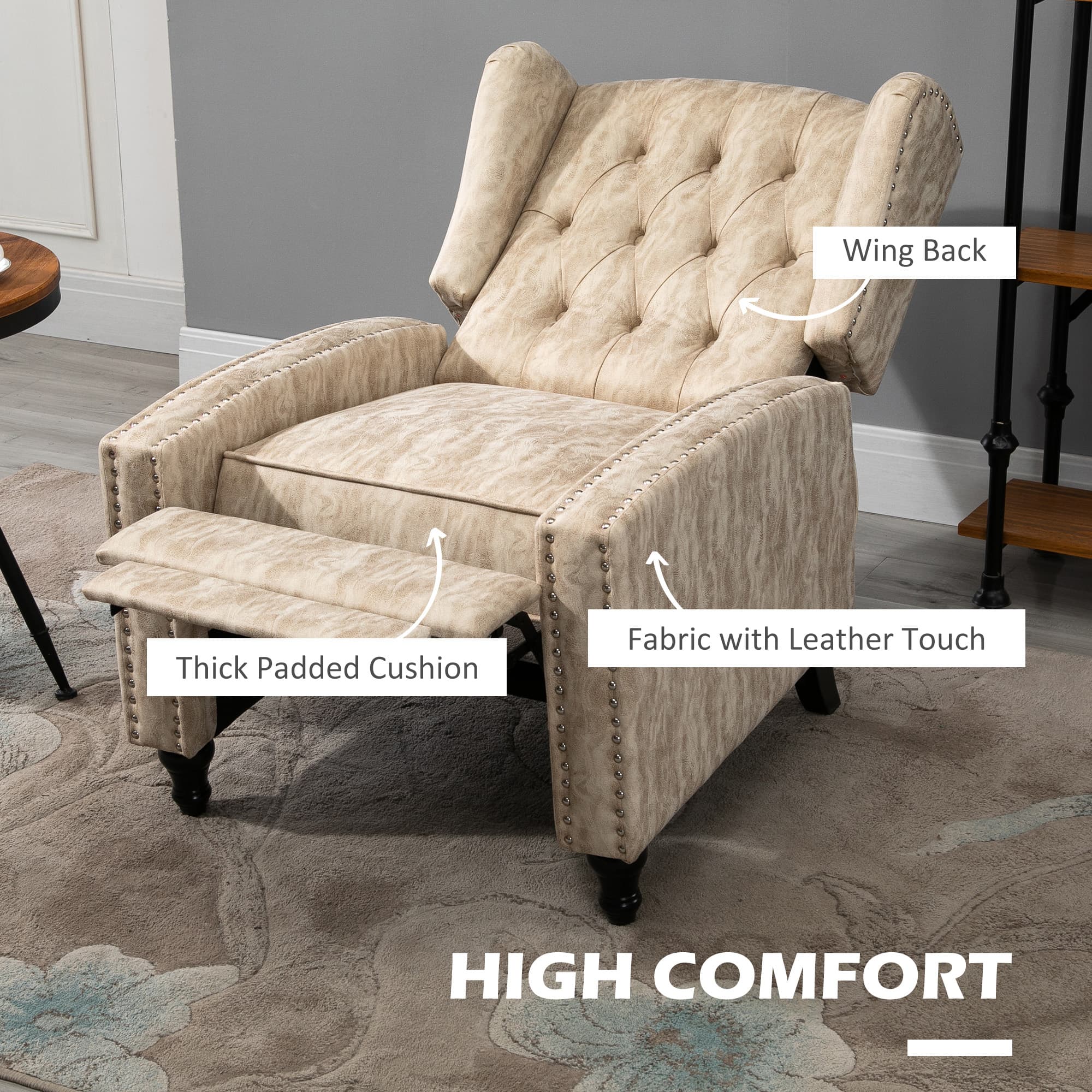 Beige Chesterfield Wingback Recliner with Footrest - image 2