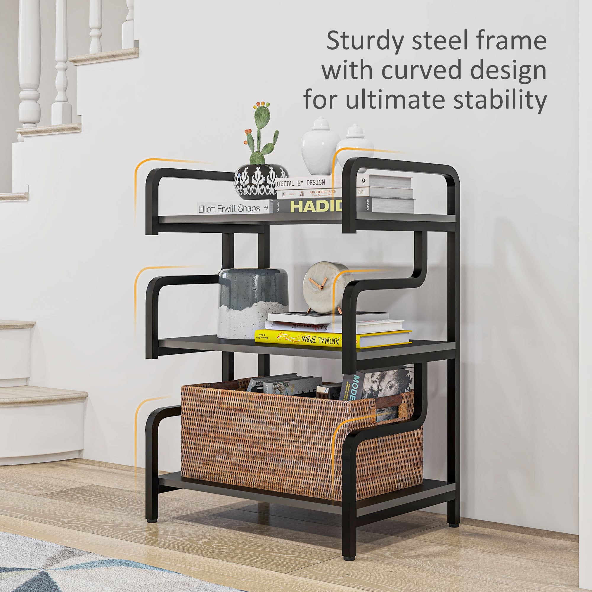 Three-Shelf Black Printer Stand with Waved Metal Frame - image 5