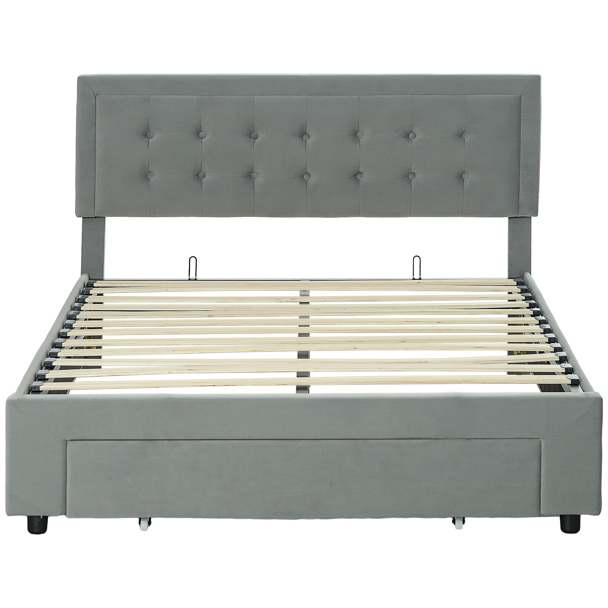 Grey Velvet Double Ottoman Bed with Front Storage Drawer - Grey