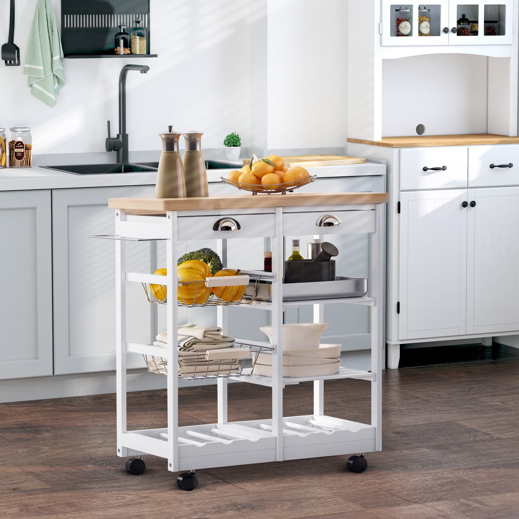 Rolling Kitchen Trolley with Wine Rack and Solid Wood Worktop - image 3